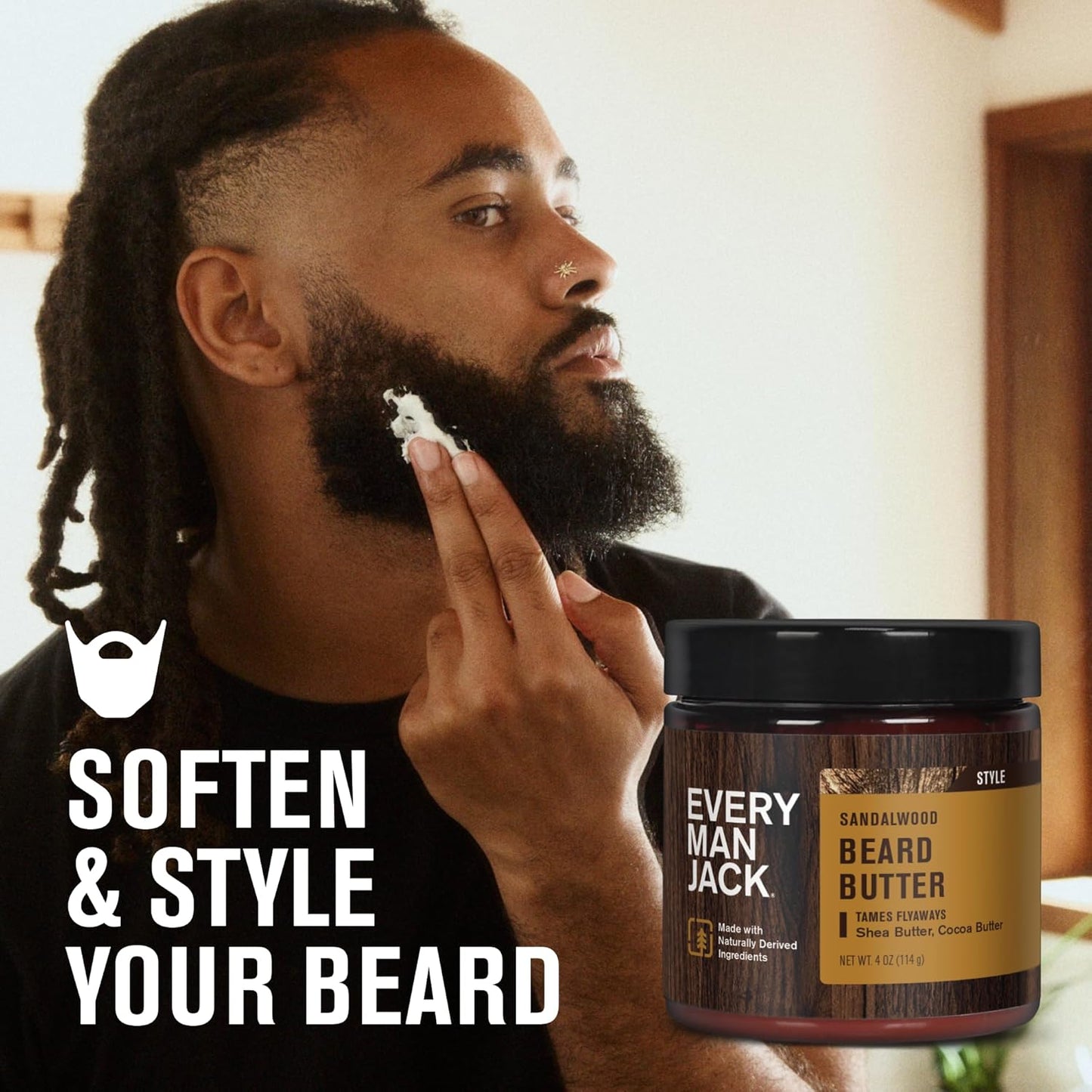 Every Man Jack Beard Butter- Subtle Sandalwood Fragrance - Hydrates and Styles Dry, Unruly Beards While Relieving Itch - Naturally Derived with Shea Butter and Coconut Oil - 4-ounce (2 Pack)