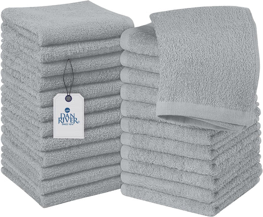 DAN RIVER 100% Cotton Wash Cloths 24 Pack [12x12] Soft & Absorbent Terry Cloth washcloths, Gym, Hotels & Spa Perfect for Everyday Use Fingertip Towels, Silver