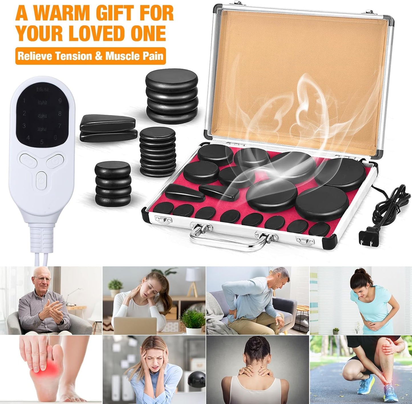 Hot Stones Massage Set 18 Pieces Basalt Hot Rocks Massage Rocks Kit Black Smooth Stones for Professional Home Spa Warming Relaxing Pain Relief(Adjustable Temperature)