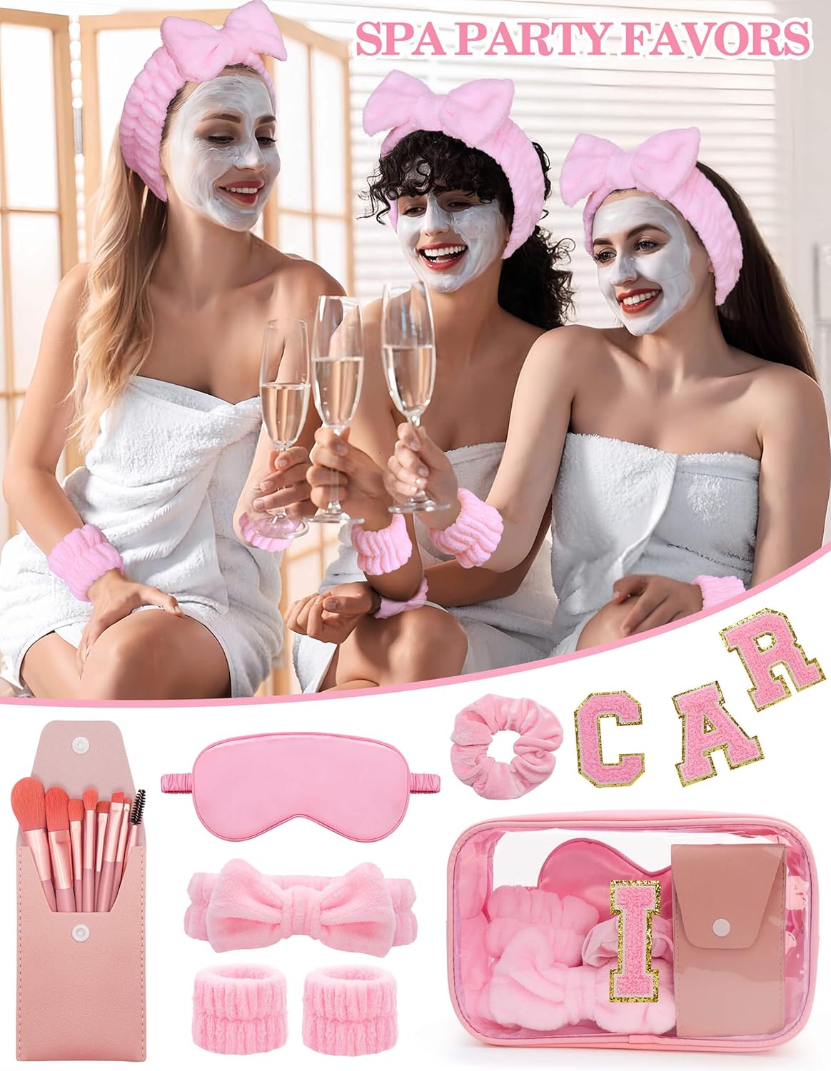 Gift Sets for Women, Initial Makeup Bag with Makeup Brush Set Bachelorette Party Favors, Pink Spa Kit with Skincare Headbands Wrist Bands Sleepover Party Supplies Gifts for Teen Girls Bridesmaid I