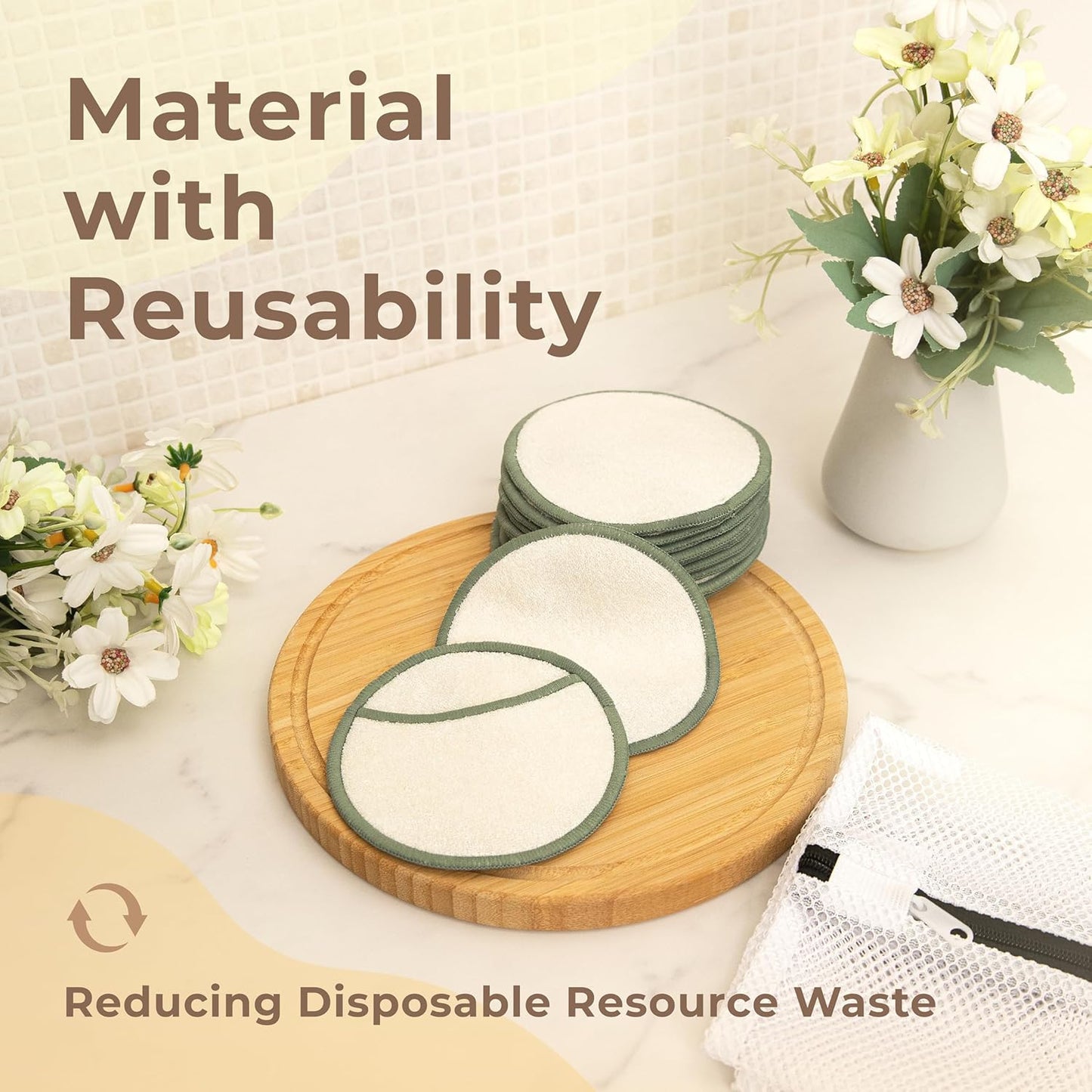 myHomeBody Reusable Makeup Remover Pads, Washable Ultra-Soft Facial Pads, Reusable Facial Cleansing Rounds - 12 Pack with Laundry Bag