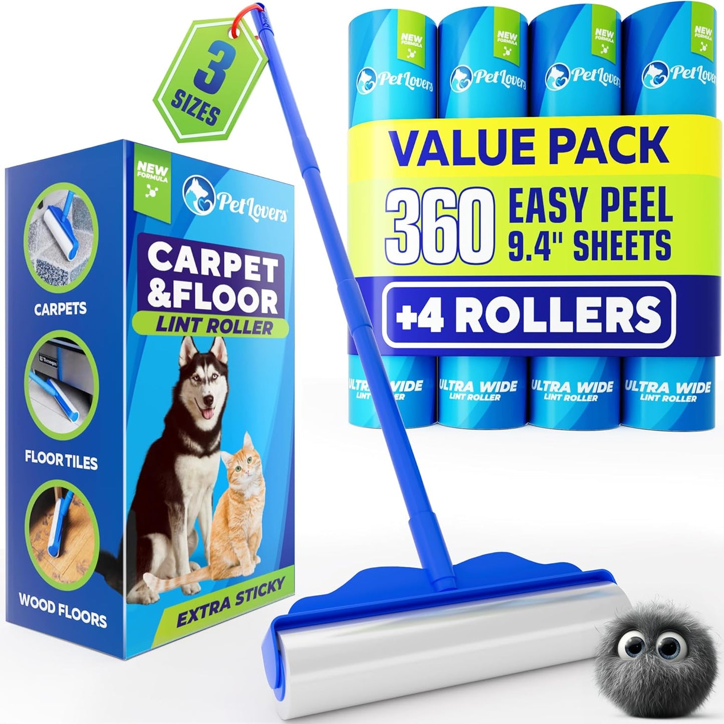 PetLovers Large Lint Roller with 3 Refills – 360 Total Sheets for Tackling Pet Hair, Extra Large Floor and Carpet Roller for Homes with Pets, Perfect for Floors, Furniture, and Loving Pet Owners