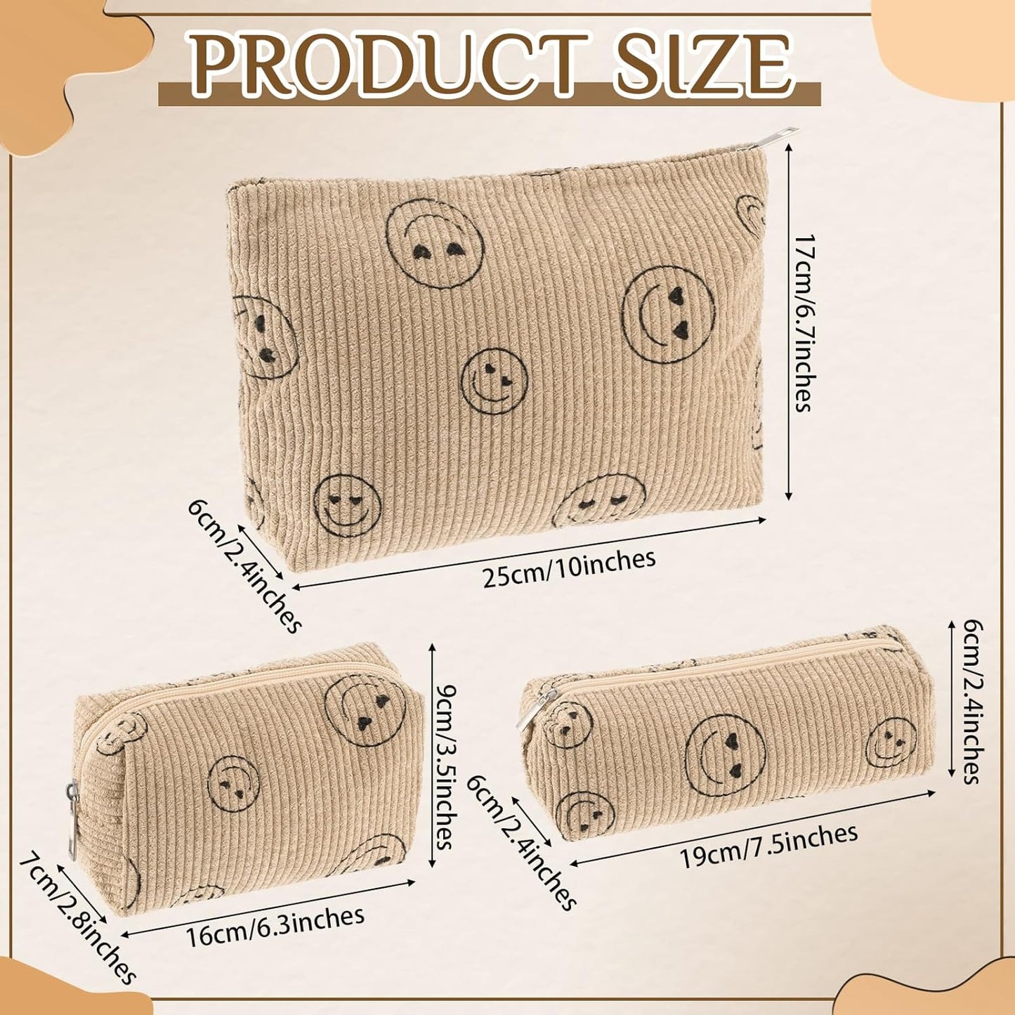 3 Pcs Makeup Bag Set for Women Corduroy Cosmetic Pouch Aesthetic Smile Travel Toiletry Bag Cute Purse Pouch Pencil Case Makeup Brushes Storage Organizer for Christmas(Khaki,Smile Face)