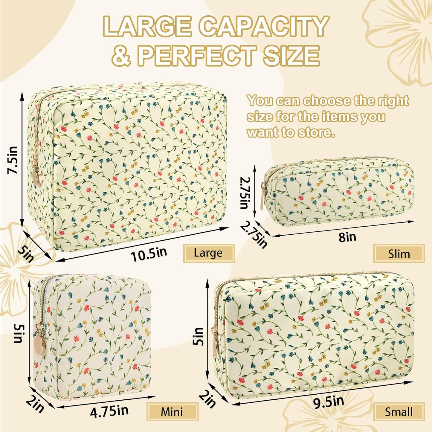 Waterproof Mini Floral Makeup Bag Pouch for Purse,Nylon Flower Cosmetic Bag Small Preppy Toiletry Organizers Bag for Women Girl,Cute Zipper Pouch Coin Purse for Work(Mini Light Yellow-Flowers)