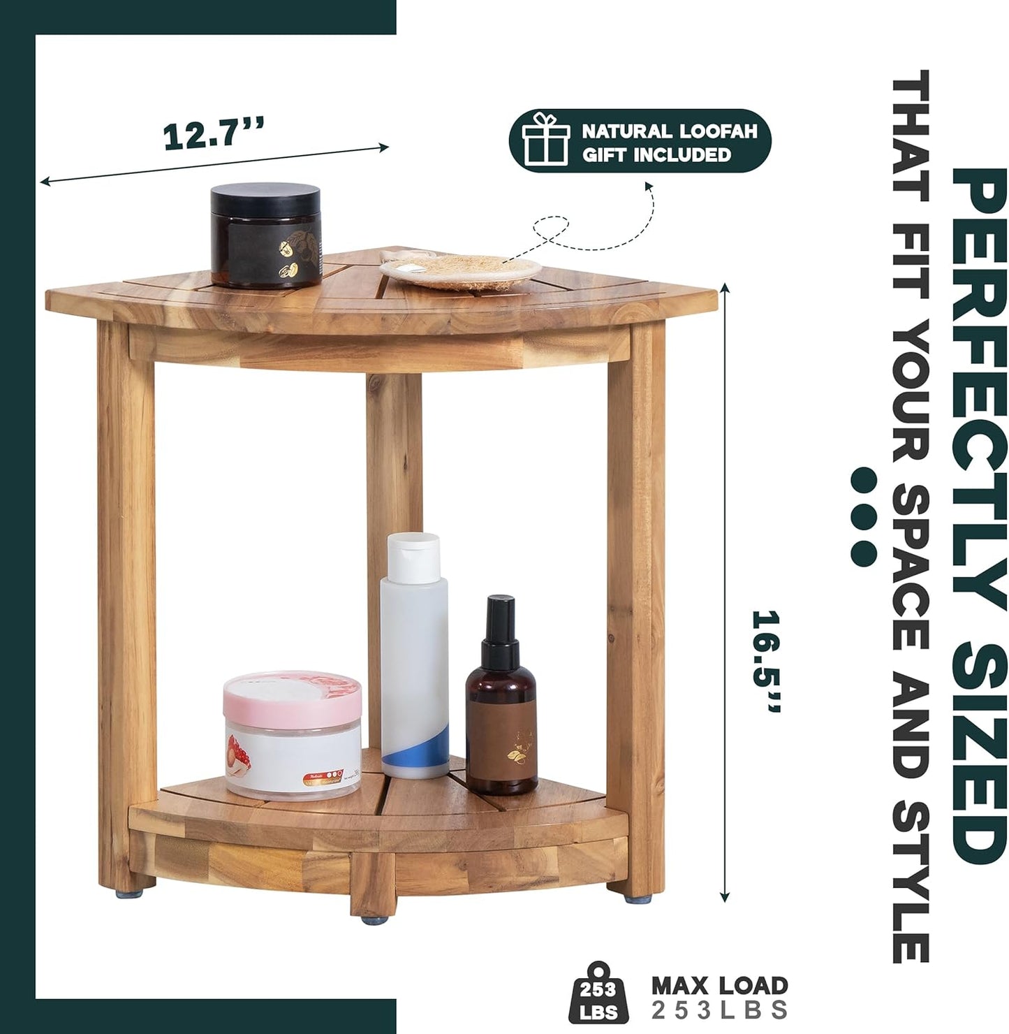 Acacia Corner Shower Stool, Waterproof Spa Foot Rest & Bath Bench with Storage Shelf & Soap Dish, Ideal for Bathroom, Shaving Legs, or as Small Corner Table/Step Stool (Light Natural)