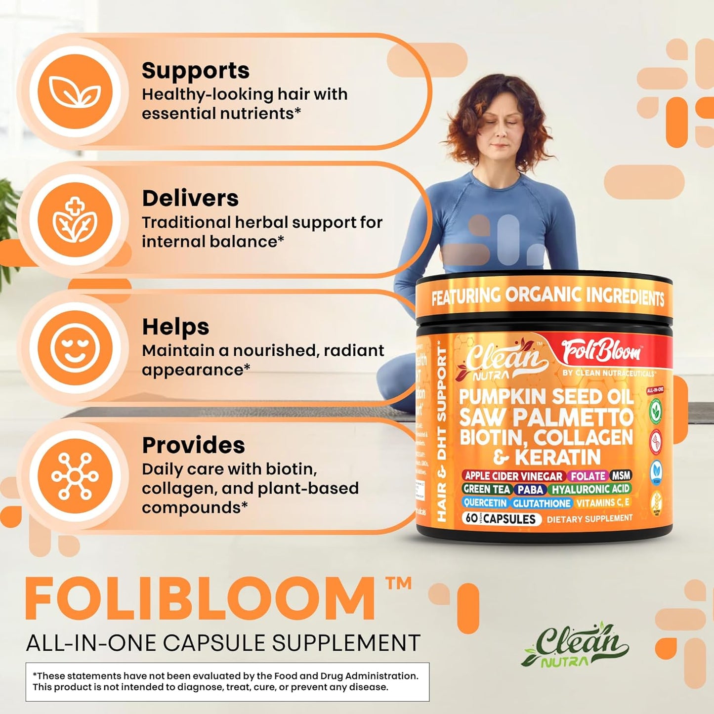 Clean Nutra Pumpkin Seed Oil Saw Palmetto Biotin Collagen Keratin MSM Folate Hyaluronic Acid Supplements B12 Zinc Hair Supplement for Women Men Iodine 5-MTHF B-12 Vitamin B9-60 Vegan Capsules Count