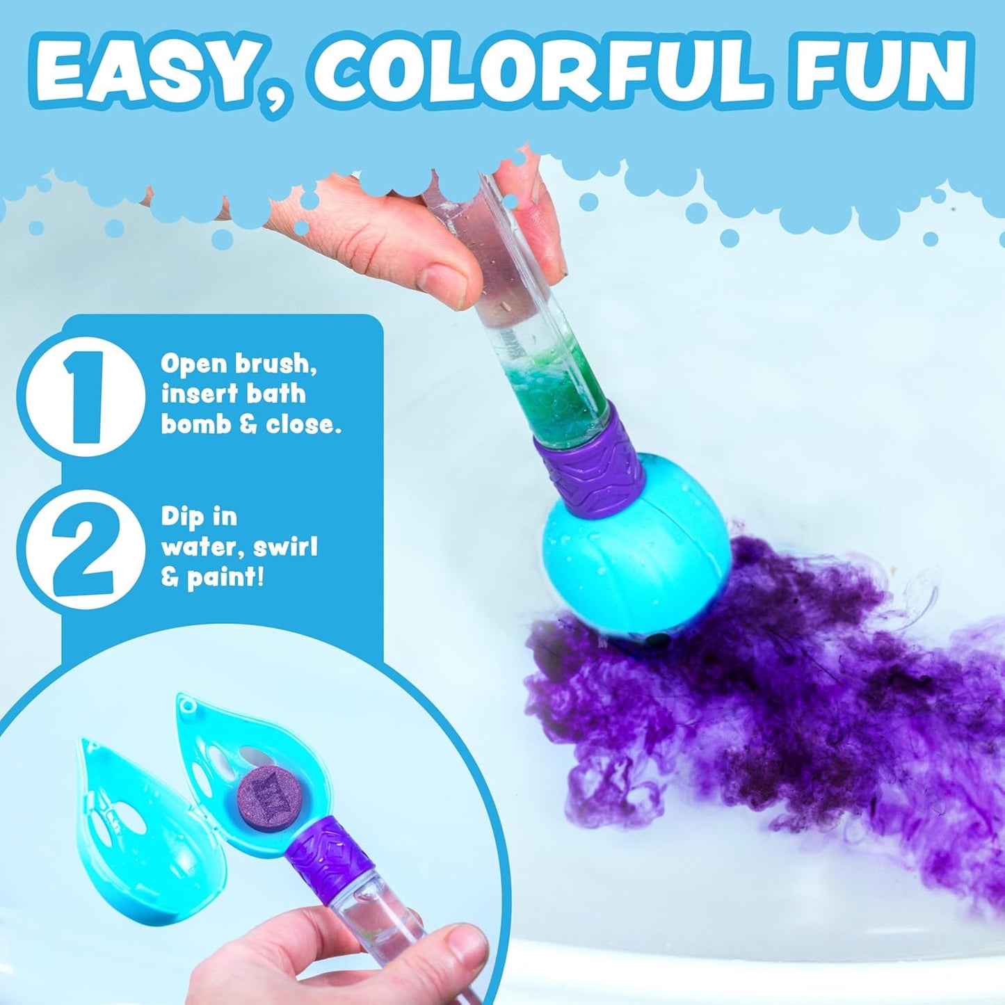 Tub Works® Bath Color Brush™ Kids Bath Bomb Set | Nontoxic & Fragrance-Free | Use Brush to Paint Water with Vibrant, Fizzing Colors | Fun BathBombs for Kids Bath | Creative Bathtub Toys for Toddlers