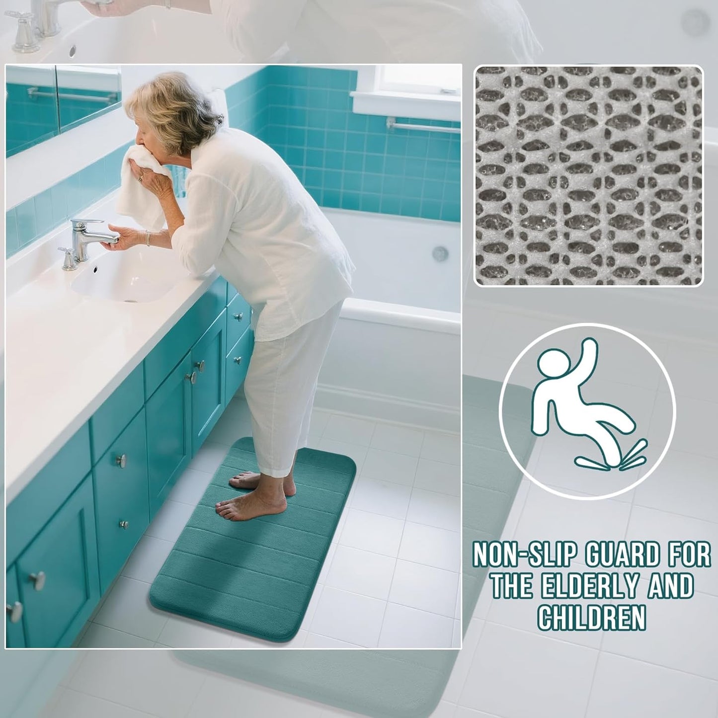 Yimobra Teal Bath Mat 24x17 Inch, Super Soft Absorbent Memory Foam Bathroom Rug Non Slip, Quick Dry, Machine Washable Floor Carpet for Tub Shower, Home Decor Accessories