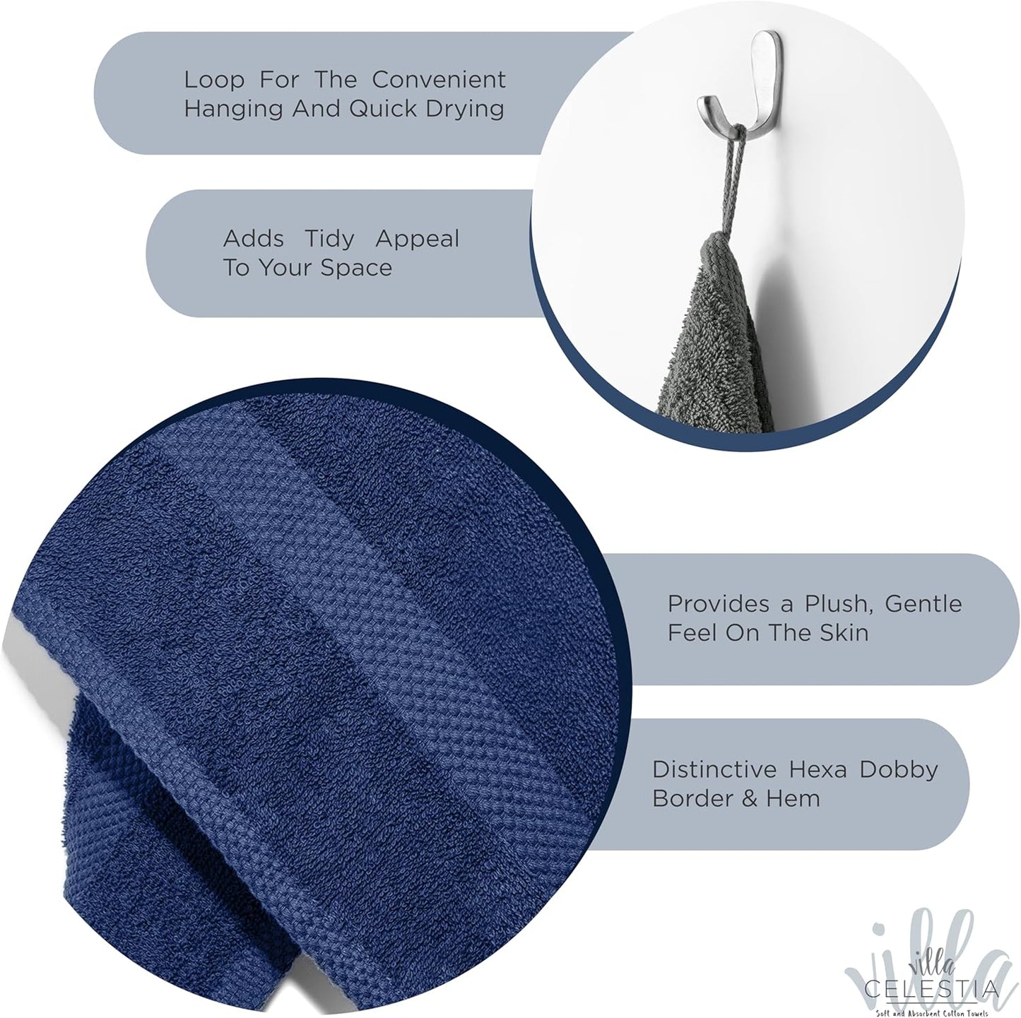 100% Cotton Bath Towel Set of 18-4 Bath Towels, 6 Hand Towels, 8 Wash Cloths, Sustainable, Soft, Highly Absorbent, Combed Cotton 18 Piece Set for Hotels, Spa, Bathroom, Dorm, Navy Blue