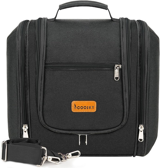 Travel Hanging Toiletry Bag for Women and Men, 6 Organizer Compartments, Holds Full Size Bottles, Extra Large Cosmetic Accessories, Makeup essentials, Bathroom Water-resistant Toiletries Bag, Black