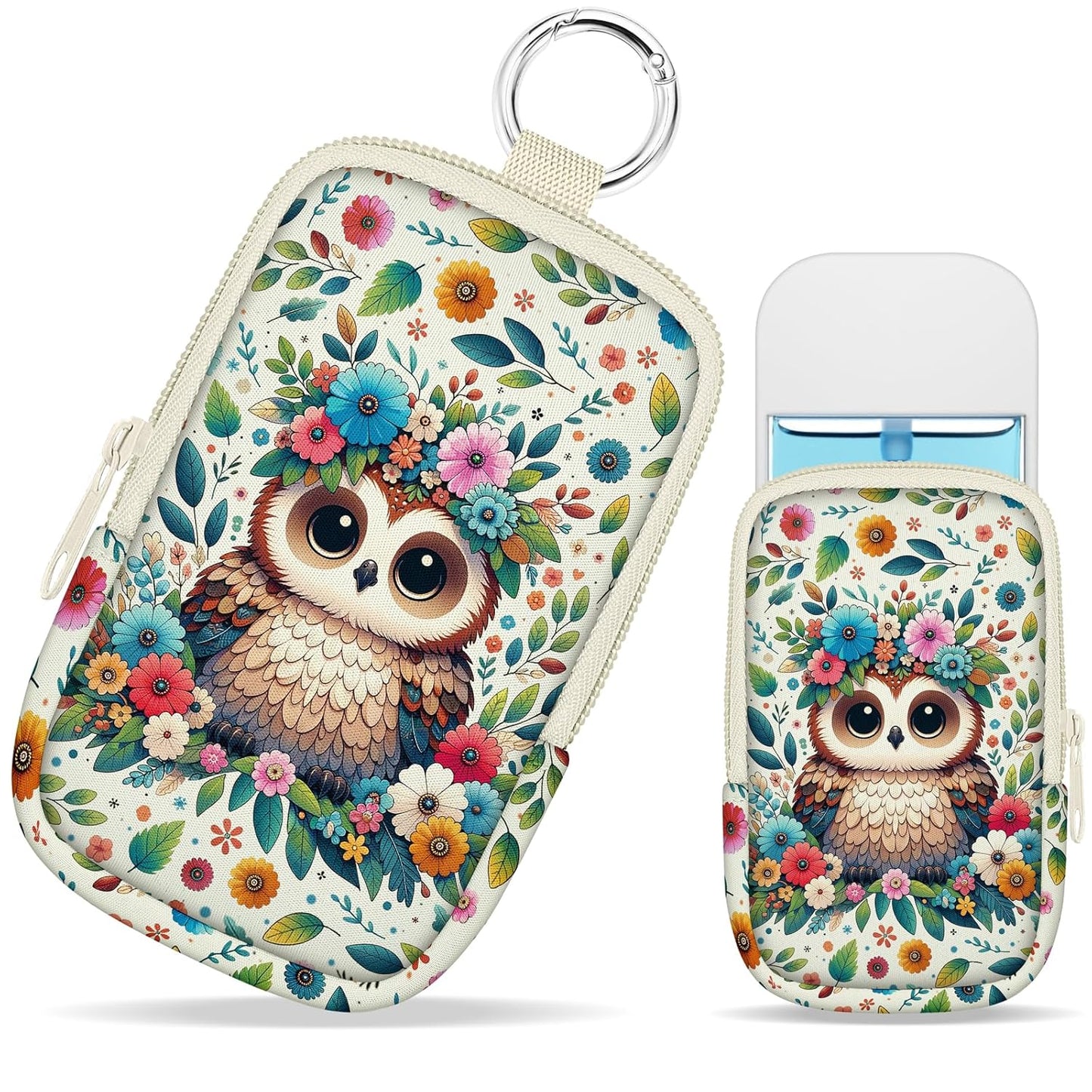 Owls Floral Hand Sanitizer Spray Case, Hand Sanitizer Holder Zippered Pouch, Cute Fashion Accessory with Snap Hook for Glow Mist and Power Mist 1FL OZ