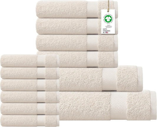 Delara 100% Organic Cotton Towels 650 GSM Plush Feather Touch Quick Dry Towel, 12-Piece Towel Set GOTS Certified, Oeko-Tex Green Certified, 1 Bath Towel, 1 Bath Sheet, 4 Hand Towels & 6 Wash Cloths