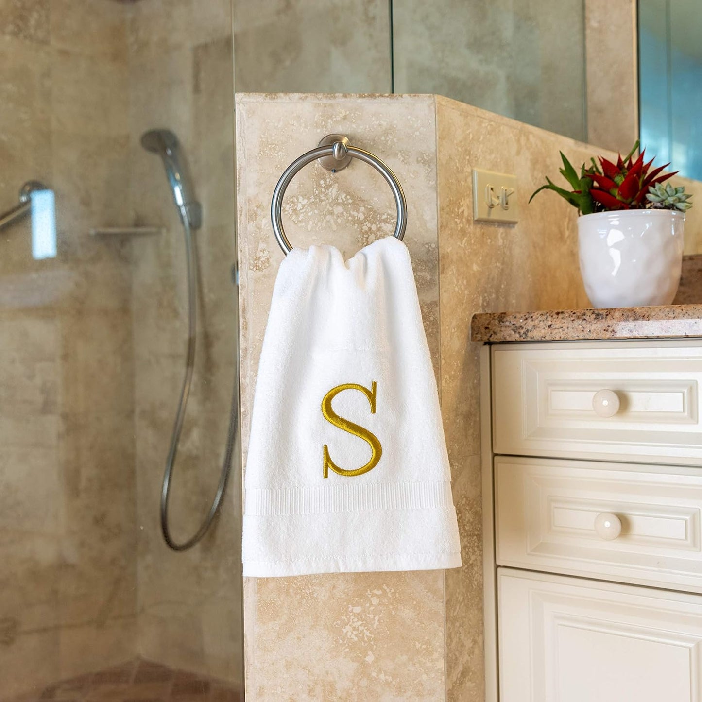 Monogrammed Hand Towels for Bathroom - Luxury Hotel Quality Personalized Initial Decorative Embroidered Bath Towel for Powder Room, Spa - GOTS Organic Certified - Set of 2 Gold Letter S