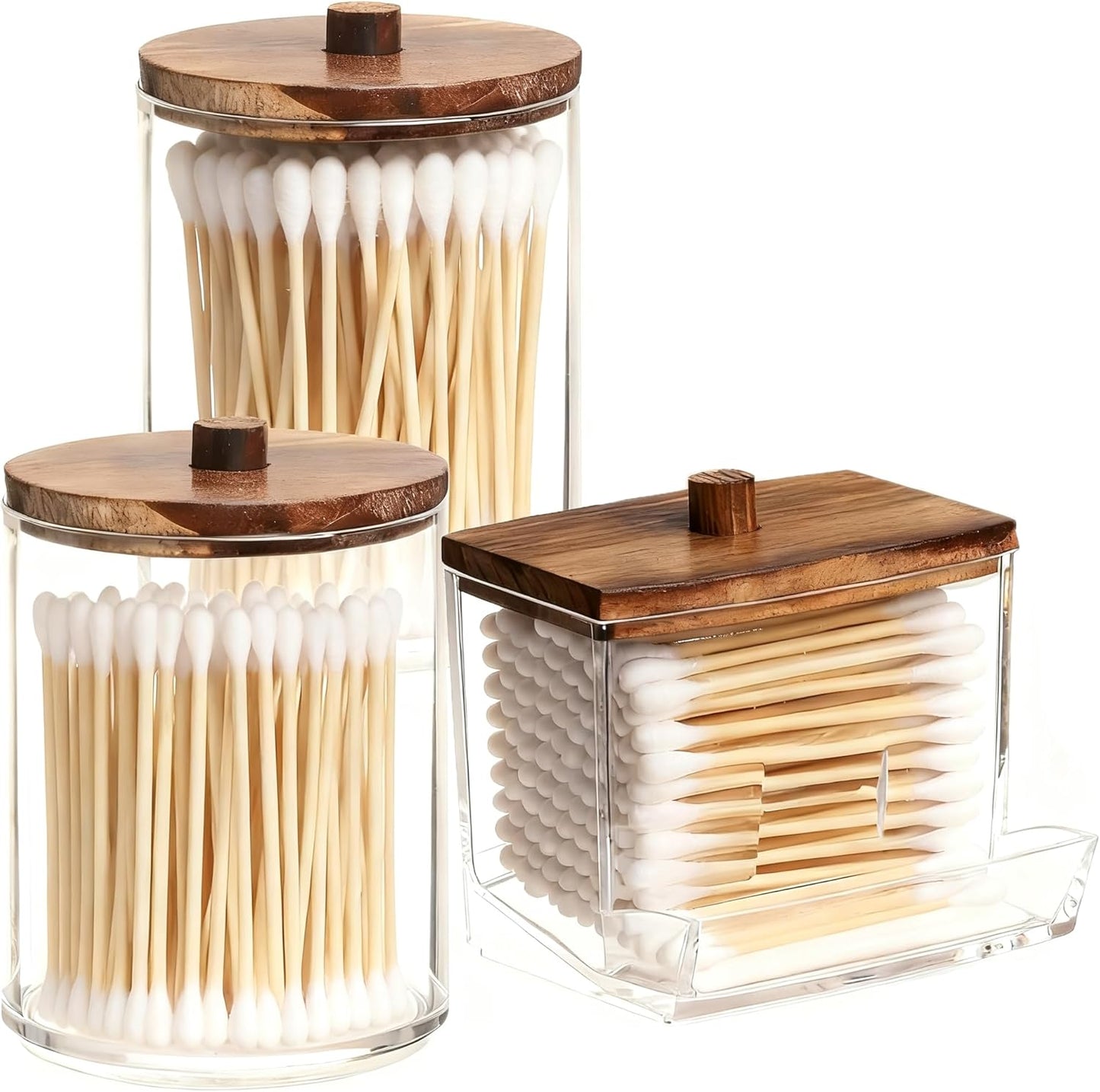 AXX Qtip Dispenser Apothecary Jars Bathroom - Qtip Holder Storage Canister Clear Plastic Jar for Cotton Swab,Q-Tips,Cotton Rounds (C#Brown 3Pcs)