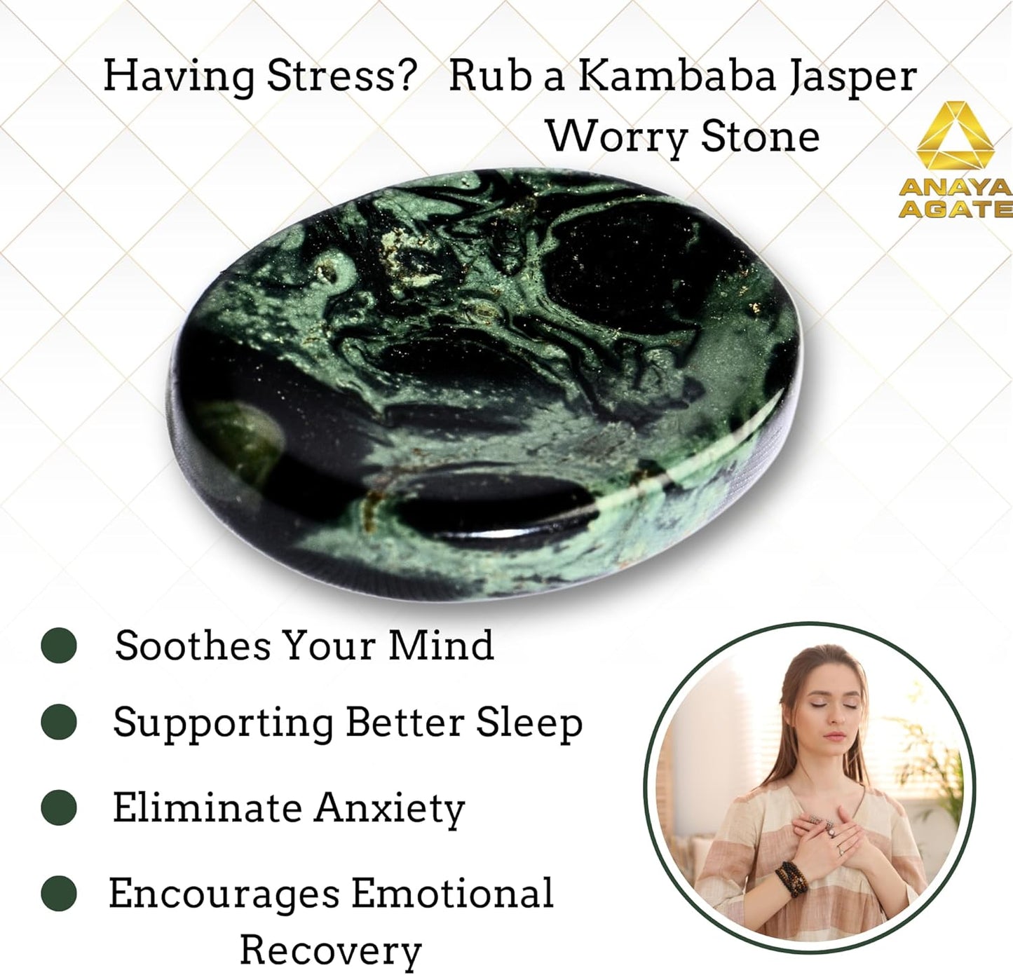 Kambaba Jasper Worry Stones – Crystal Thumb Worry Stone for Anguish, Stress – Relaxing and Soothing Balance Stones for Meditation, Stress Relief – Healing Stones and Crystals for Men and Women