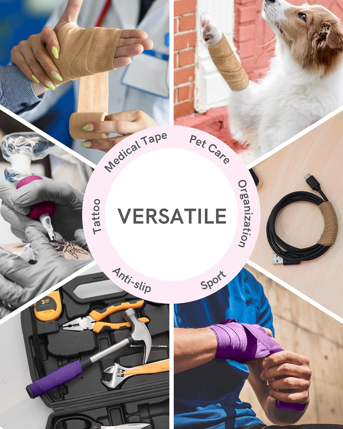 FriCARE Self Adhesive Bandage Wrap, Medical Tape in First Aid Kit, Cohesive Bandages for Wounds Sport Vet, 2 Inches X 5 Yards 6 Rolls, Elegant