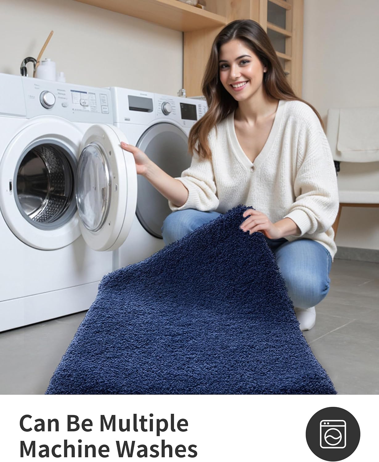 ILANGO Navy Blue Bathroom Rugs 36" × 24" Non Slip & Super Absorbent Extra Thick Soft, Washable Bath Mat for Floor, Microfiber Plush Shaggy Bath Rug with Rubber for Bathtub Shower Room Sink