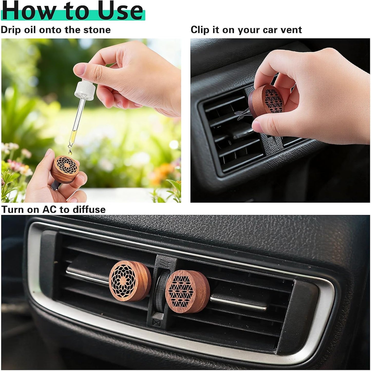 3 Pcs Lava Rock Essential Oil Diffusers -1 Spherical Lava Stone Passive Diffuser and 2 Wooden Car Diffusers for Essential Oils, Passive Diffuser for Sauna Room, Home, Office, Bedroom, Bathroom, Car