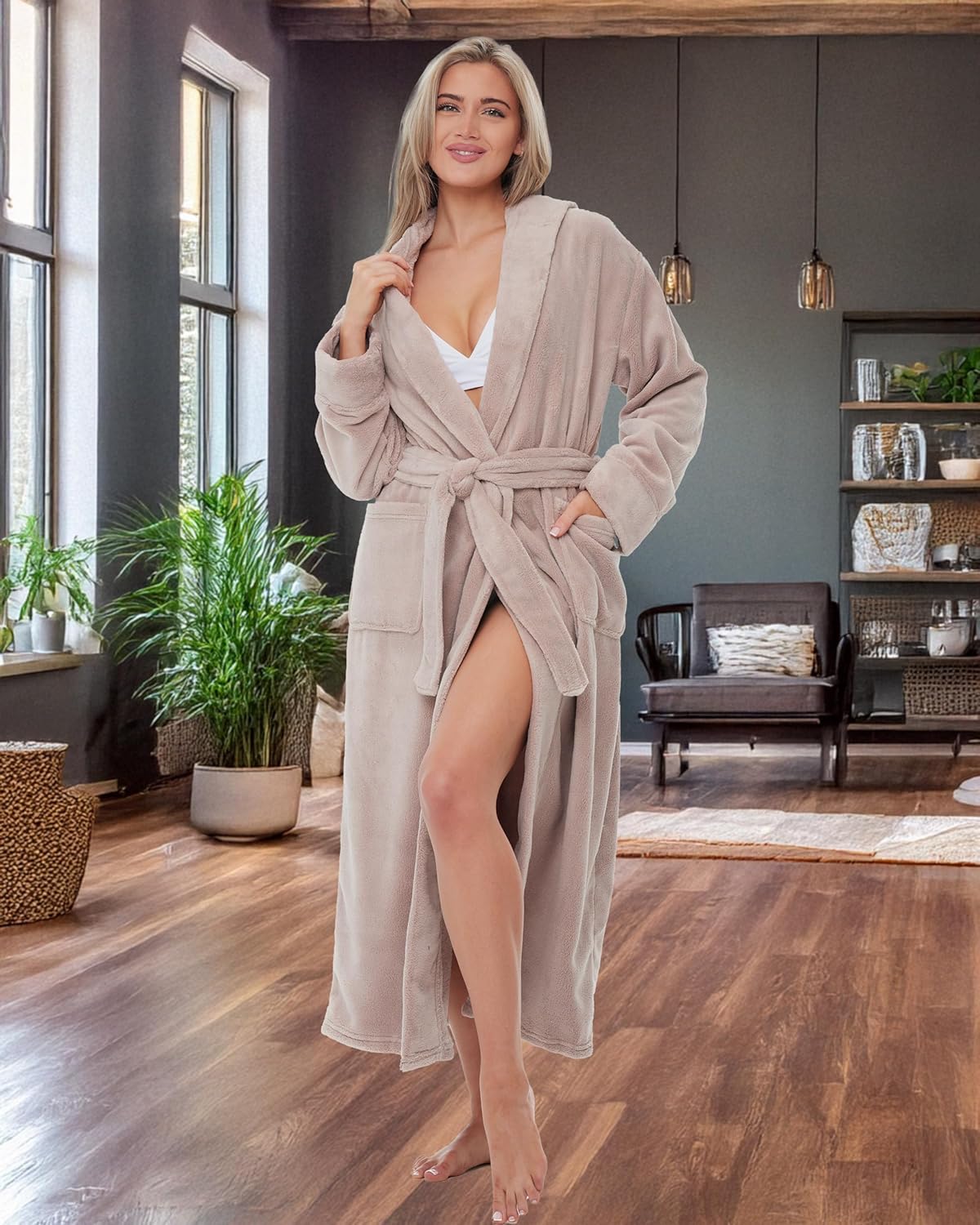 Alexander Del Rossa Womens Robe, Long Plush Bathrobe with Hood, Hooded Robes for Women Plus Size Bath Robe