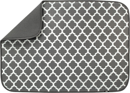 S&T INC. Dish Drying Mat XL, 18” x 24”, Absorbent Microfiber Kitchen Counter Mat, Dish Drying Pad for Dishes, Utensils, Pots and Pans, Extra Large, Pewter Grey Trellis
