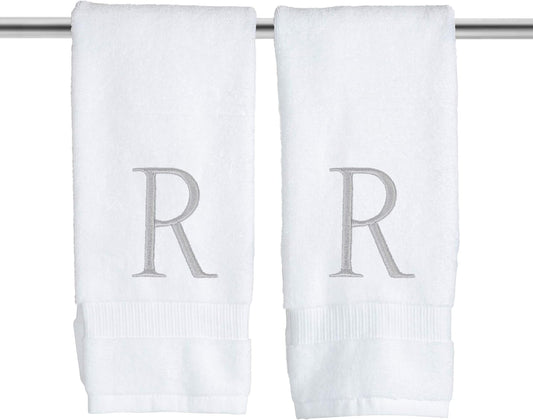 Monogrammed Hand Towels for Bathroom - Luxury Hotel Quality Personalized Initial Decorative Embroidered Bath Towel for Powder Room, Spa - GOTS Organic Certified - Set of 2 Letter R