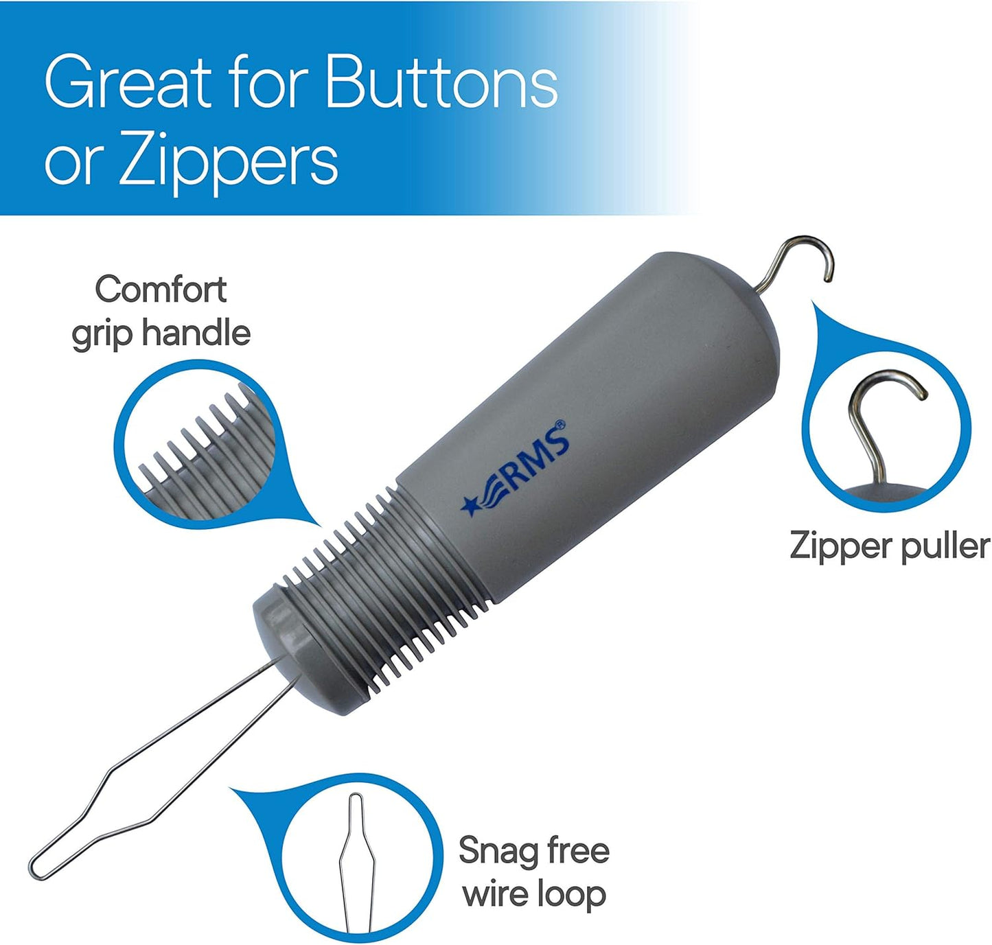 RMS Button Hook with Zipper Pull - Button Assist Device with Comfort & Wide Grip, Shirt & Coat Buttoning Aid Ideal for Limited Dexterity Caused by Arthritis (Grey)