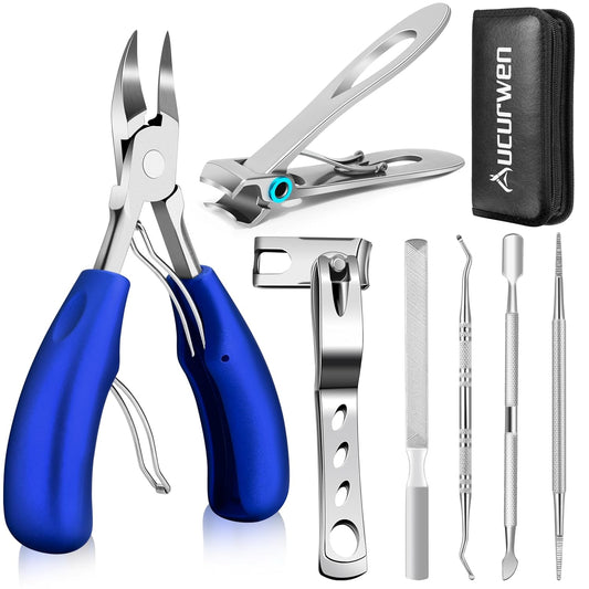 Toenail Clippers for Seniors Thick Toenails, Aucurwen Heavy Duty Toe Nail Clippers Adult Thick Nails Long Handle, Large Toenail Clippers for Thick Nails 7Pcs(Blue)