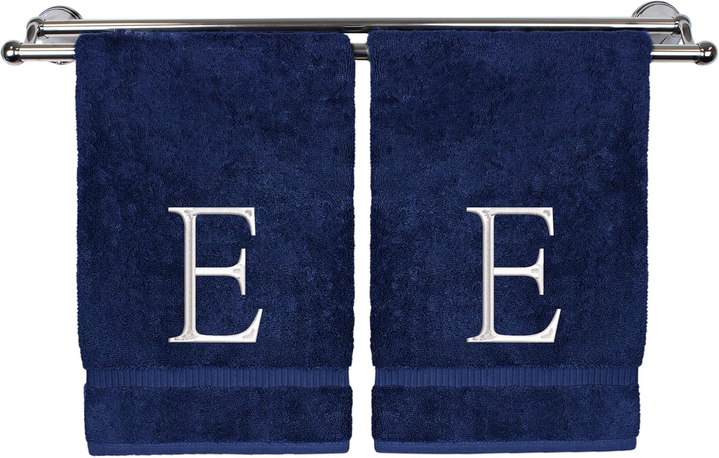 Monogrammed Hand Towel, Personalized Initial Gift, Extra Absorbent 100% Turkish Cotton - Soft Terry Finish - Set of 2 - White Block Initial E - Embroidered on Navy Blue Towels
