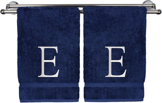 Monogrammed Hand Towel, Personalized Initial Gift, Extra Absorbent 100% Turkish Cotton - Soft Terry Finish - Set of 2 - White Block Initial E - Embroidered on Navy Blue Towels