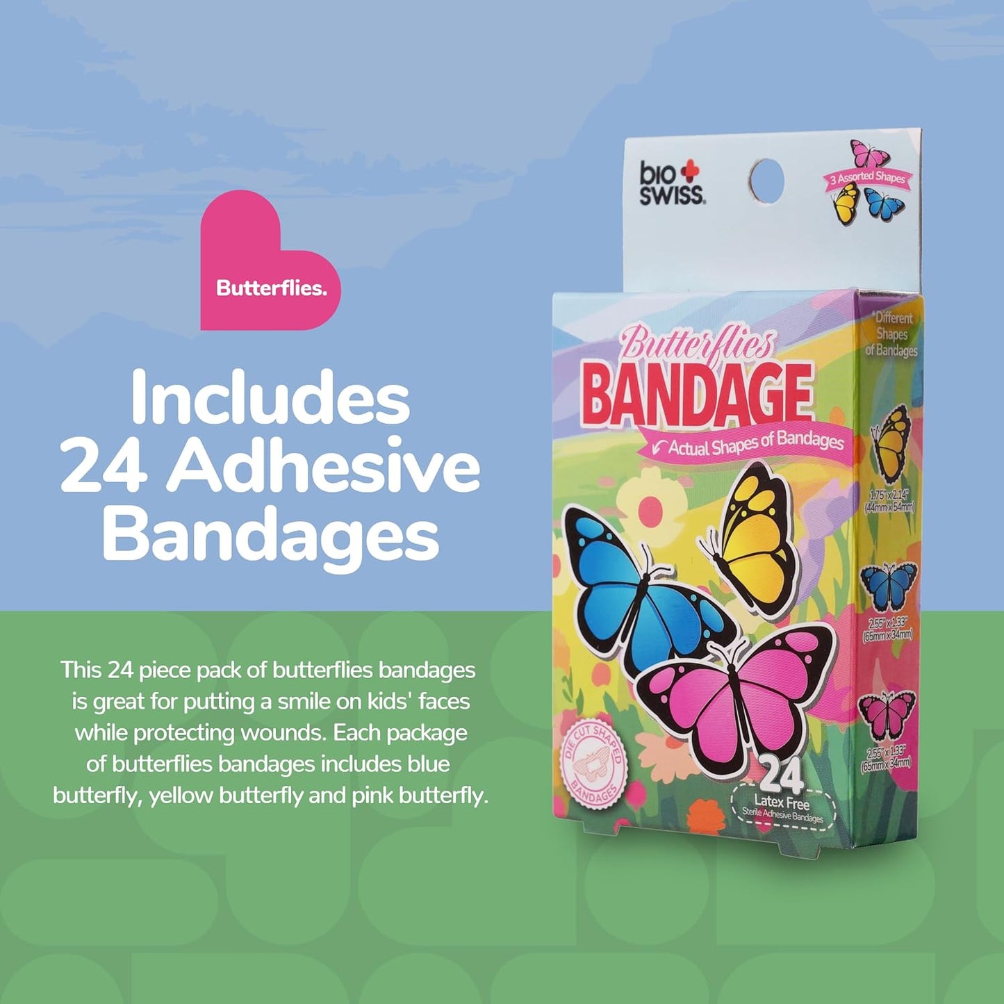 BioSwiss Kids Bandages, Butterfly Shaped Self Adhesive Bandage Set, Latex Free, Sterile Wound Care, 24 Count
