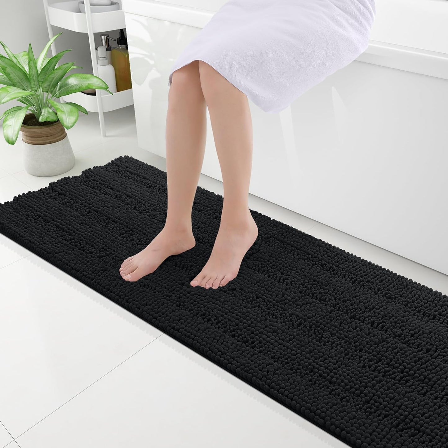 Grandaily Chenille Striped Bathroom Rugs 59x20, Extra Thick and Absorbent Bath Mats, Non-Slip Soft Plush Shaggy Shower Carpet, Machine Wash Dry, Bath Rug for Bathroom, Black