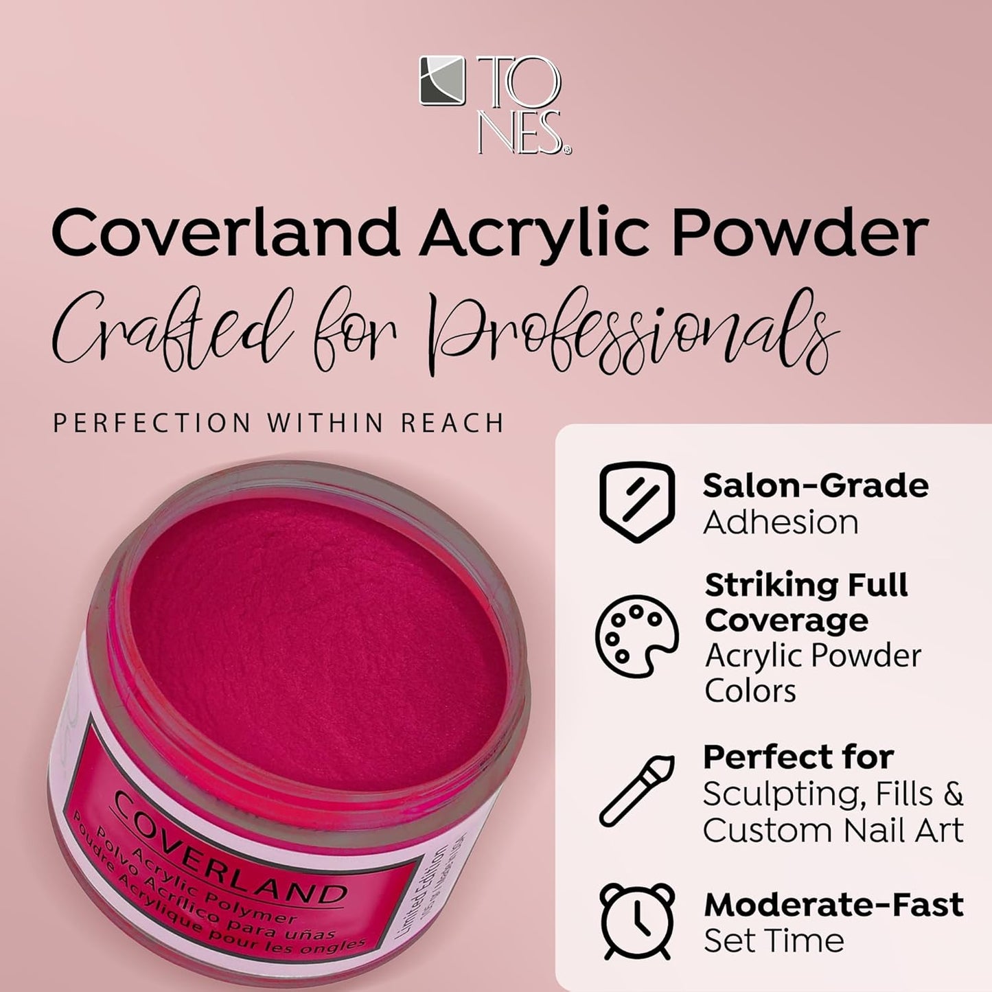 Tones Coverland Acrylic Nail Powder "Viva Magenta" - Limited Edition Acrylic Powder for Nail Design, Sculpting, and Masking Nail Bed Imperfections - Professional Acrylic Nail Supplies - (1.5 Oz)