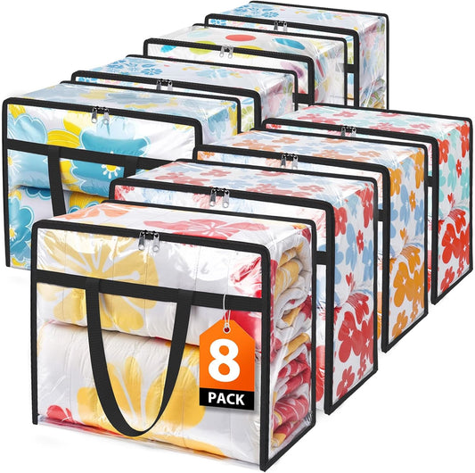 Clear Clothes Storage Bags, 8 Pack Closet Organizers and Under Bed Storage Containers, Foldable Moving Bags with Zippers for Comforter, Blanket, Bedding, Duvet, PVC Packing Bags 60L