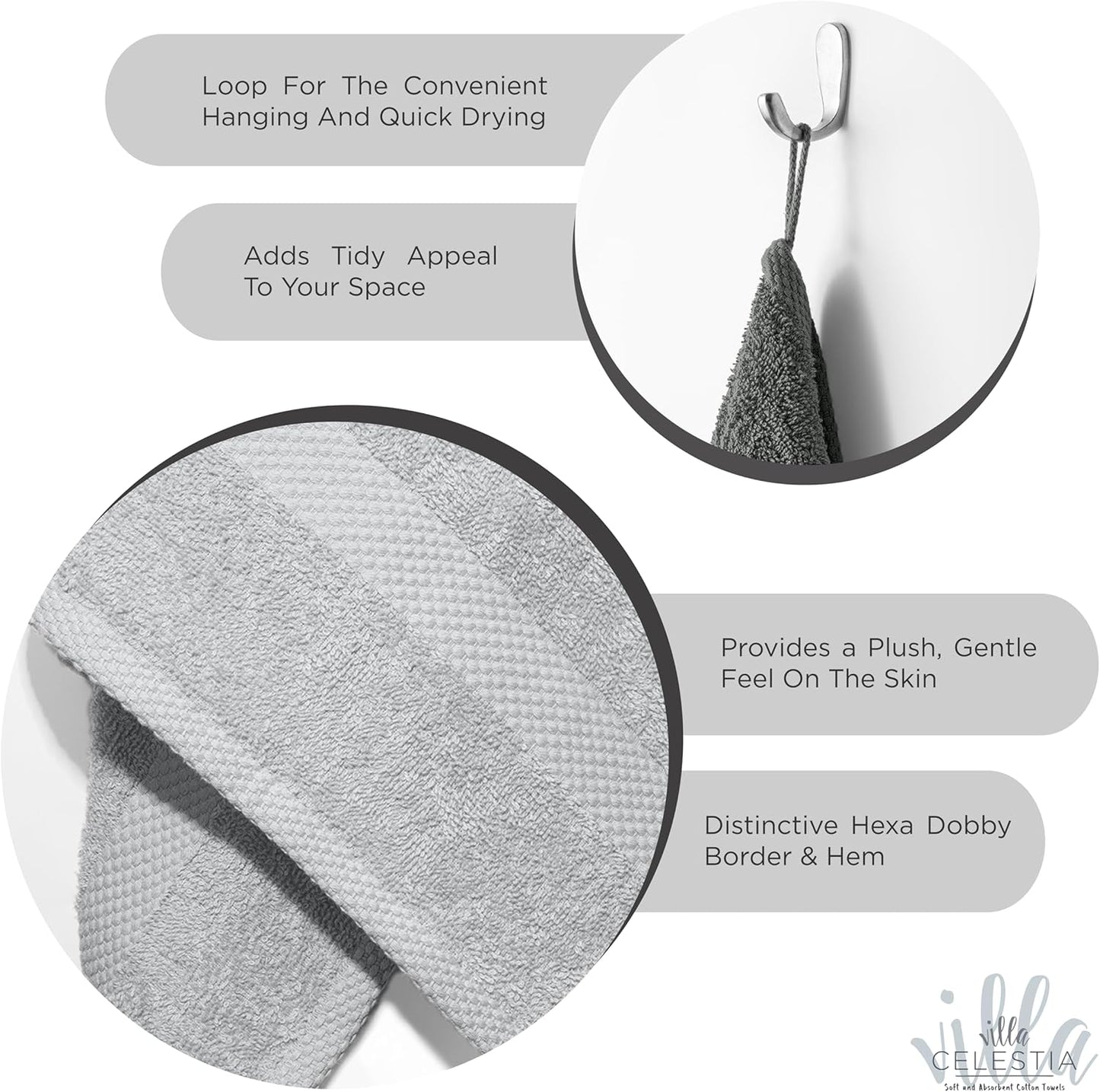 100% Cotton Bath Towel Set of 12-4 Bath Towels, 4 Hand Towels, 4 Wash Cloths, Sustainable, Soft, Highly Absorbent, Combed Cotton 12 Piece Set for Hotels, Spa, Bathroom, Dorm, Silver