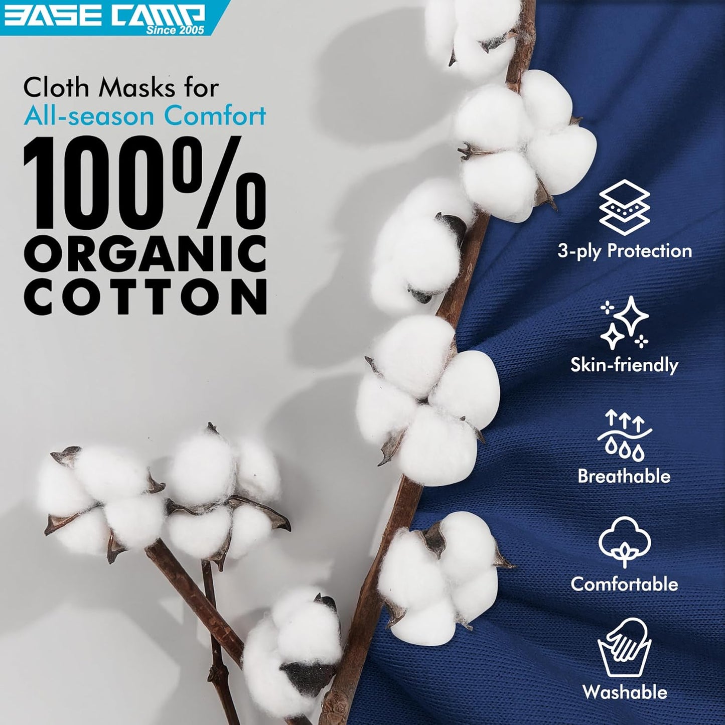 BASE CAMP Reusable Cloth Dust Face Masks 100% Cotton Washable Adjustable Breathable Fabric Mask with Filter Pocket