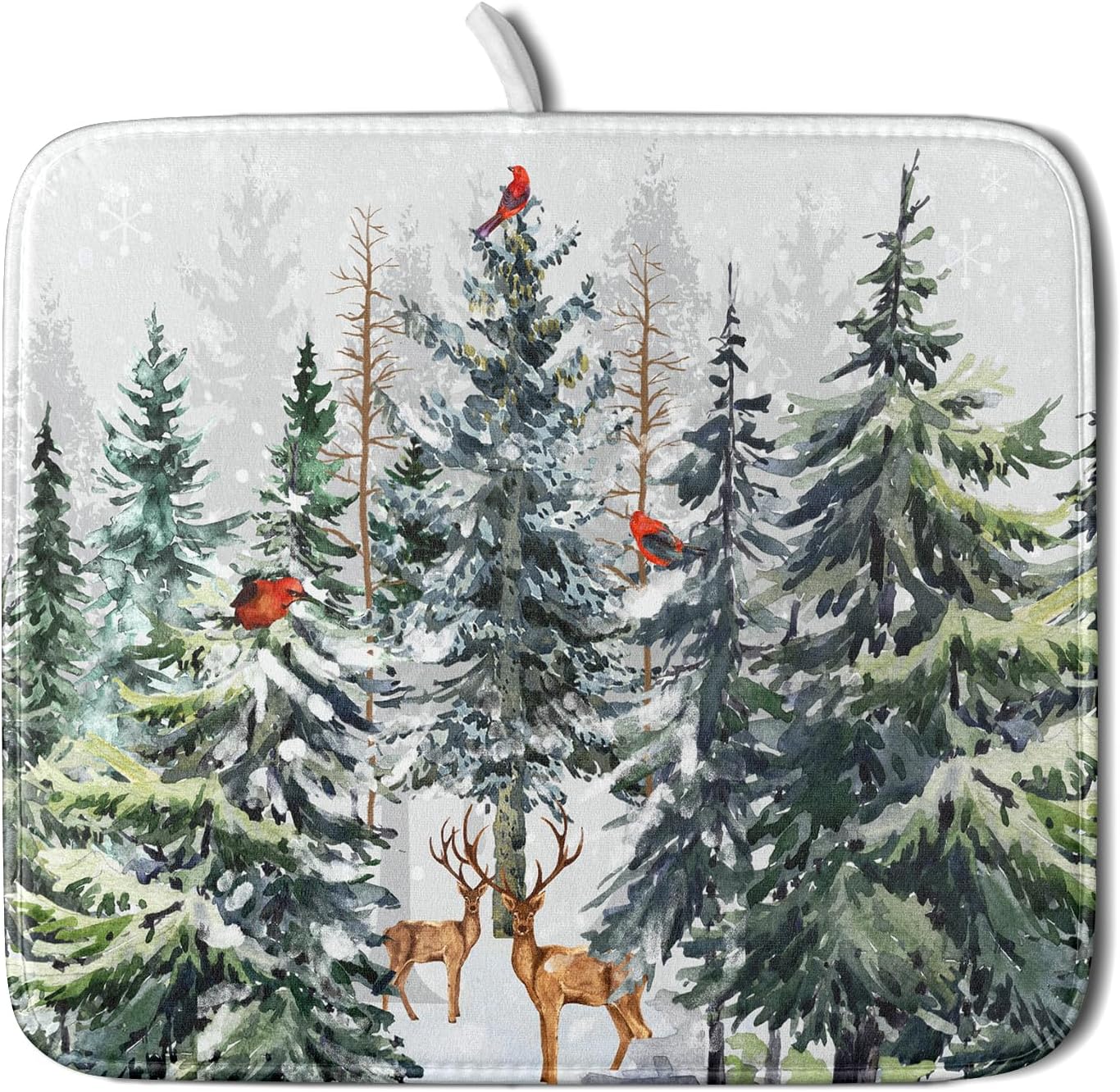 Pine Tree Dish Drying Mat for Kitchen Counter 16x18 Inch Forest Deer Absorbent Dishes Drainer Mats Reversible Microfiber Quick Dry Rack Pad