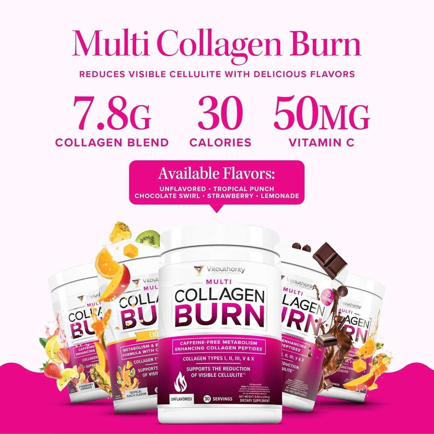 Hydrolyzed Collagen Peptides Powder for Women - Slimming MultiCollagen Burn Ultimate Beauty Complex with Hyaluronic Acid Vitamin C & Types I II III V and X for Women Tropical Punch 30 Servings