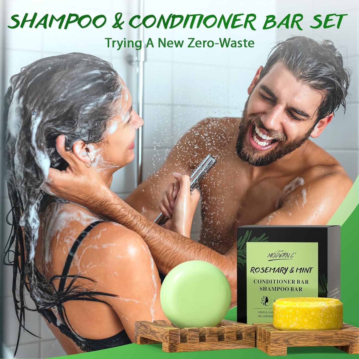 POP MODERN.C Rosemary Solid Shampoo and Conditioner Bar Set for Hair Growth, Moisturizing, 160g, 2.8219 Ounce, 2x80g Soaps, 2 Wooden Holder, Mother's Day Gift