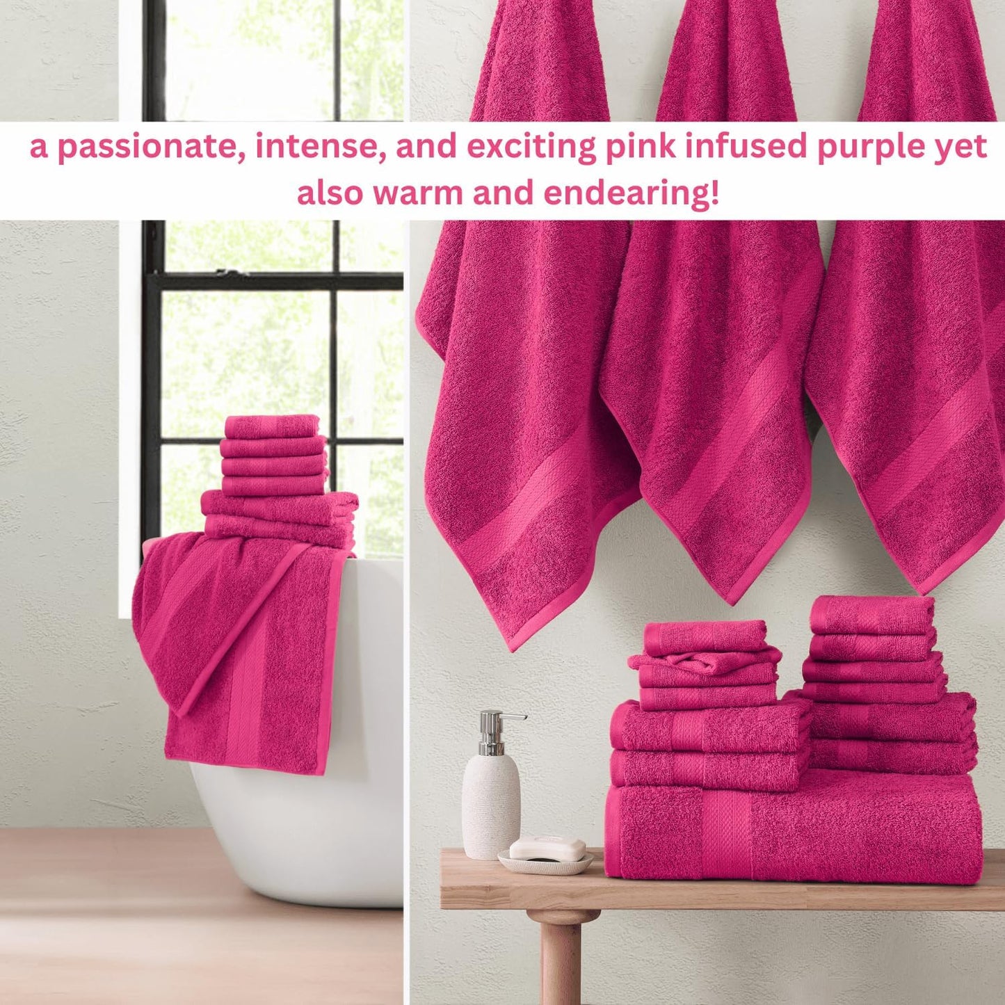 LANE LINEN 100% Cotton Bathroom Towel Set - 24 Pcs - Ring Spun, Super Soft & Highly Absorbent - 2 Bath Sheets, 4 Fingertip, 4 Bath, 6 Hand Towels, 8 Washcloths - Wide Variety of Colours - Fuchsia