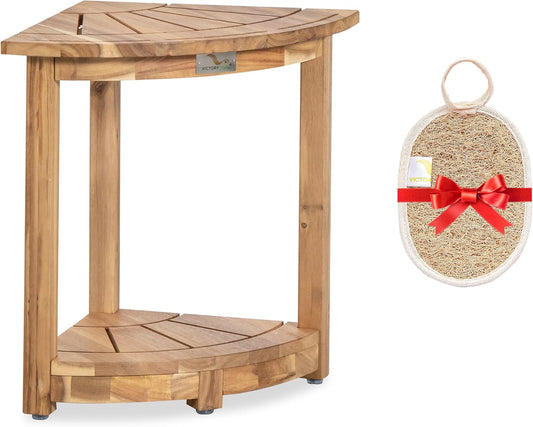 Acacia Corner Shower Stool, Waterproof Spa Foot Rest & Bath Bench with Storage Shelf & Soap Dish, Ideal for Bathroom, Shaving Legs, or as Small Corner Table/Step Stool (Light Natural)