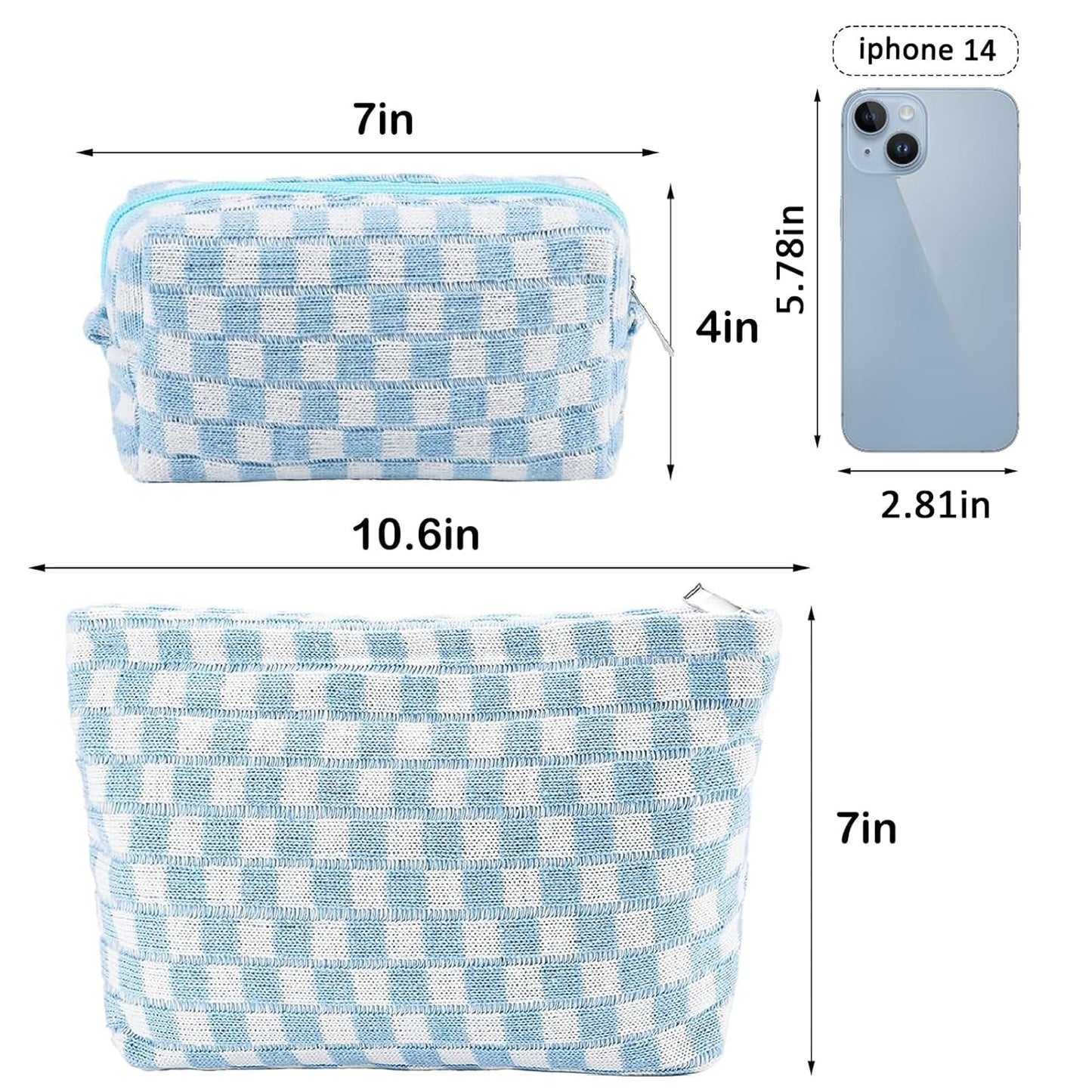 ZLFSRQ 2Pcs Checkered Makeup Bag for Women Large Small Checkered Cosmetic Bag Set Aesthetic Preppy Pencil Case Cute Pencil Pouch Blue Makeup Pouch for Purse Travel Toiletry Bags Zipper Skincare Bags