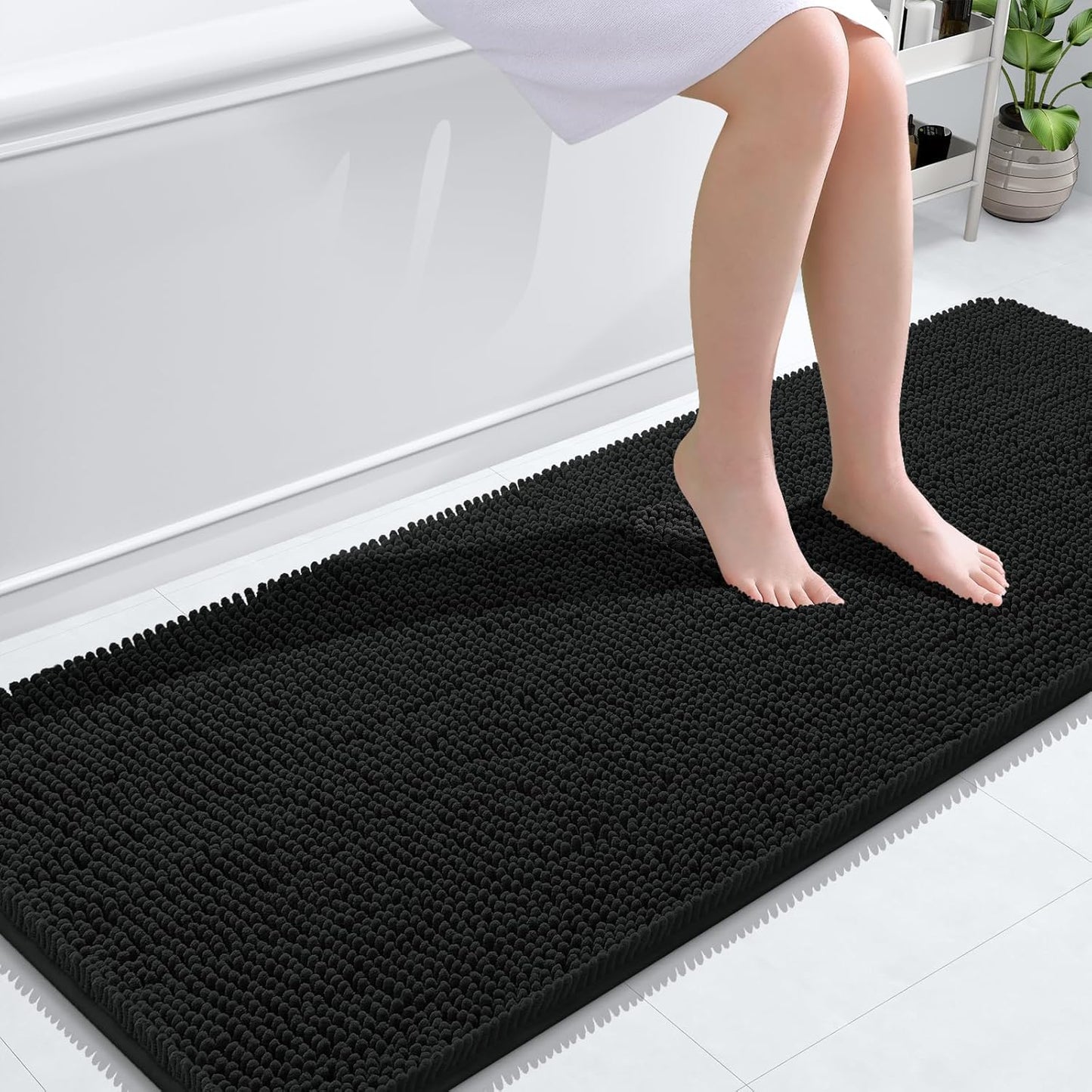 OLANLY Bathroom Rugs 59x24, Extra Soft Absorbent Chenille Bath Rugs, Rubber Backing Quick Dry, Machine Washable Bath Mats for Bathroom Floor, Tub and Shower, Home Decor Accessories, Black