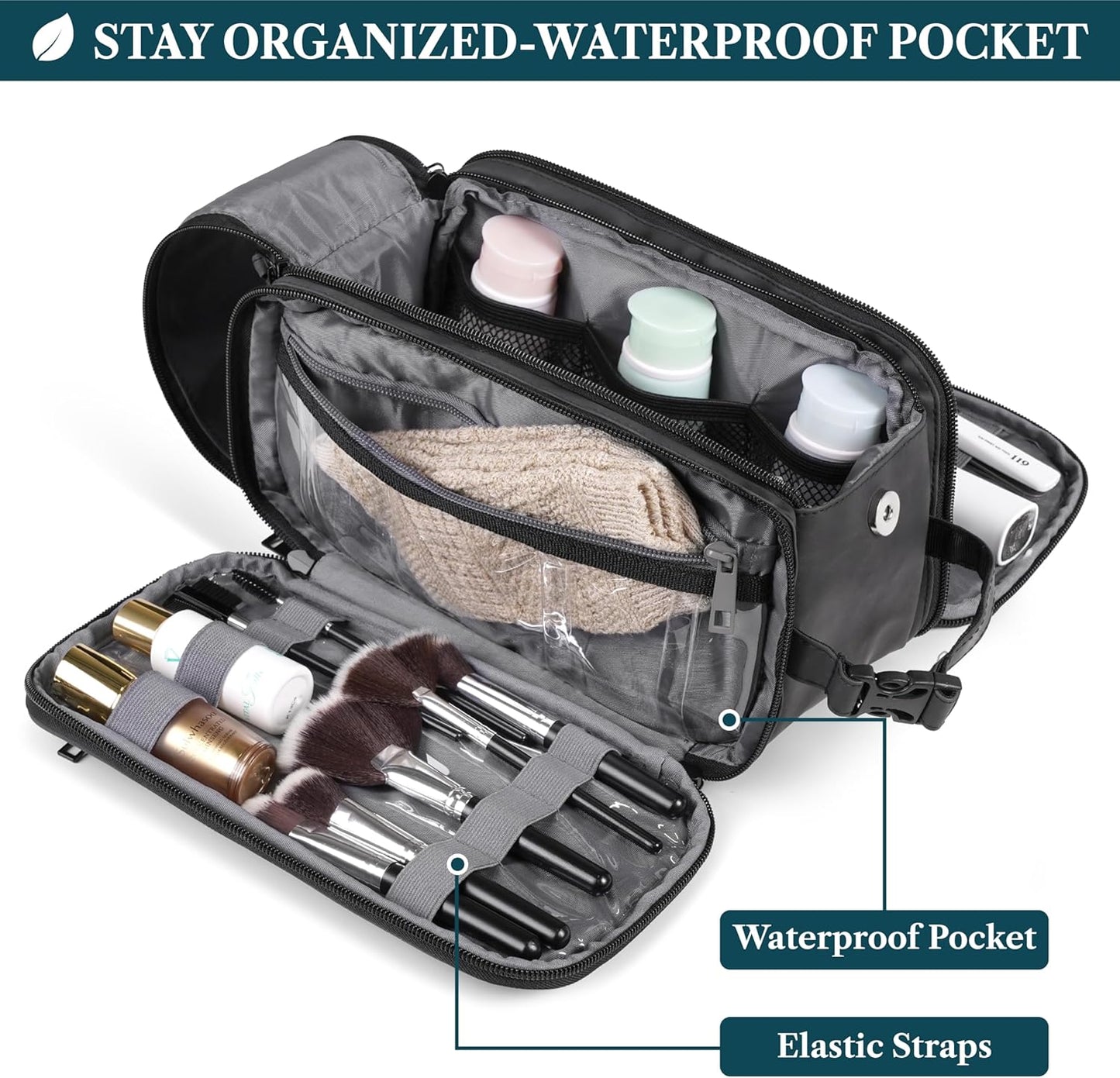 PAVILIA Large Toiletry Bag for Men Women, Mens Travel Bag Toiletries Organizer Case for Grooming, Travel Essentials Shaving Dopp Kit, PU Leather Water Resistant Cosmetic Pouch, Black