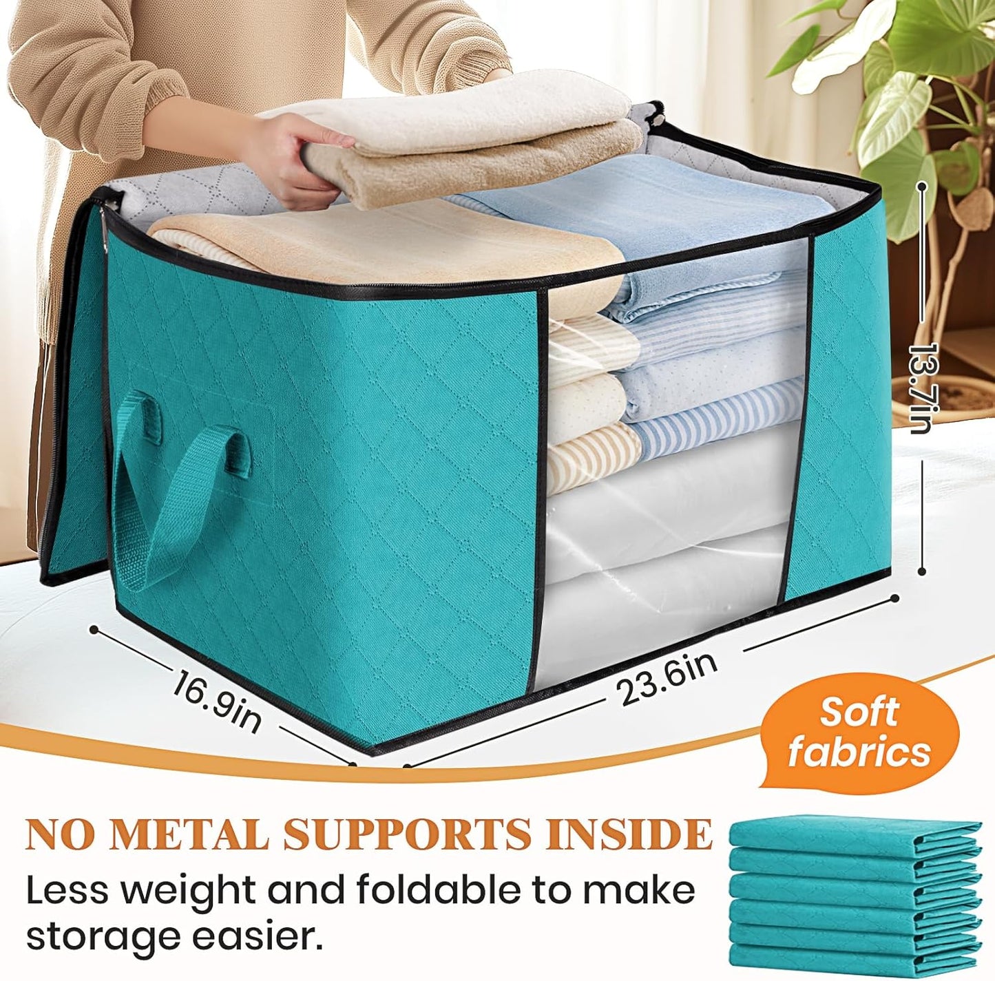 Fab totes 24 Gallons Clothes Storage, Foldable Thick Fabric Blanket Storage Bags, Containers for Organizing Bedroom, Closet, Clothing, Comforter, Organization with Handle (6 Pack,Green)