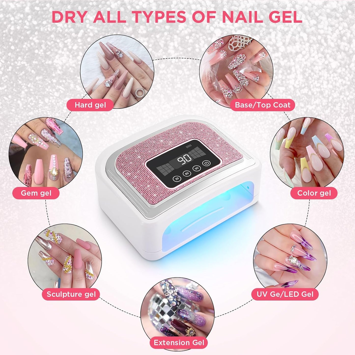 Aedavey Cordless Nail Lamp, Rechargeable UV Nail Lamp for Gel Nails, LED Nail Lamp with 4 Timer Modes, Gel Nail Light Decorate with Sparkling Nail Rhinestones Diamond (Sparkly Pink Diamond)