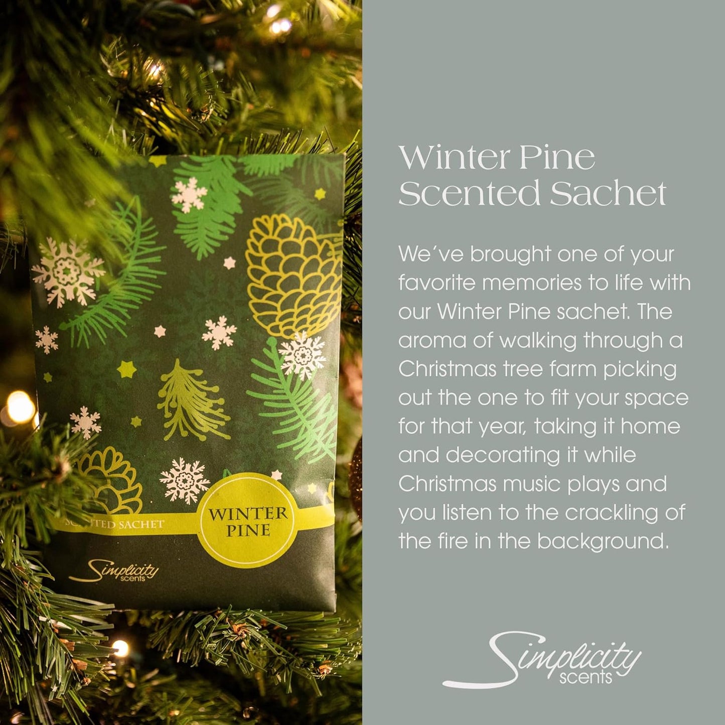 Winter Pine Scented Sachets Pack of 3, Long-Lasting Scented Bags, Home Fragrance, Air Freshener & Deodorizer for Closet, Room, Drawer, or Cars, Made in USA