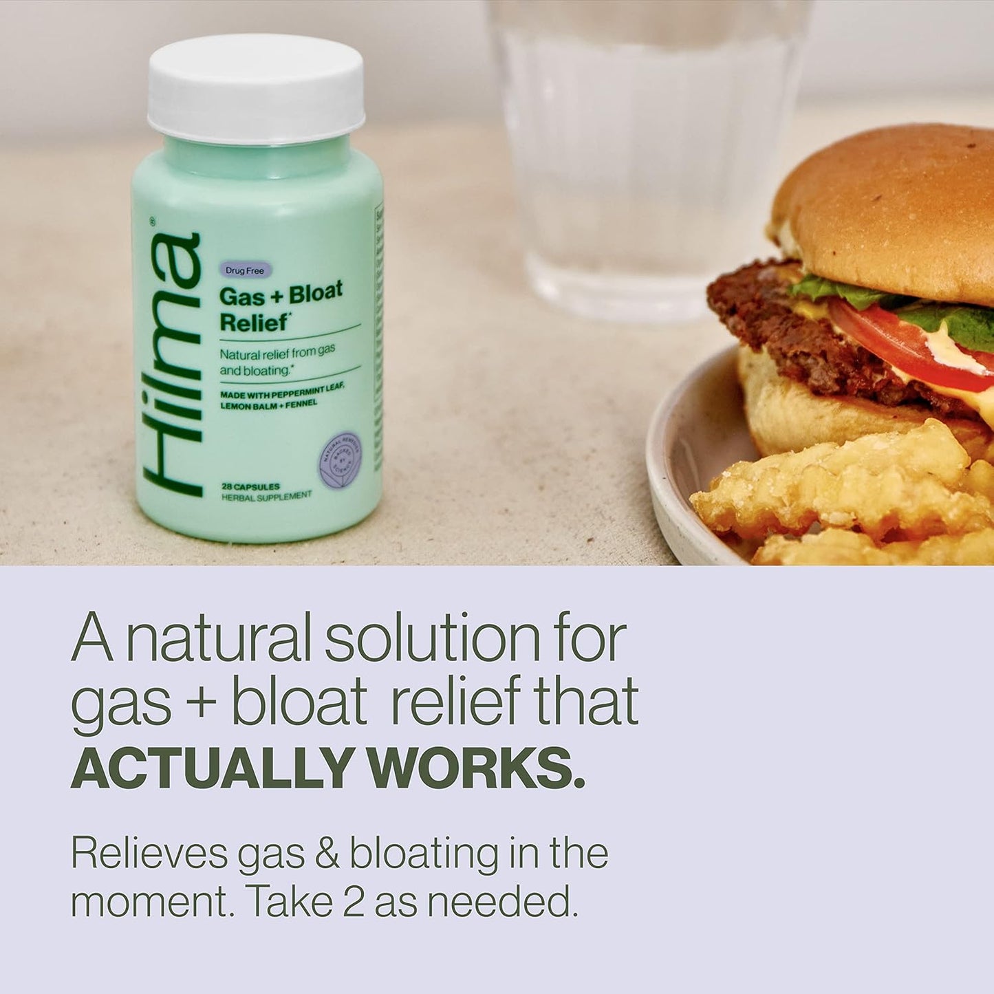 Hilma Natural Gas and Bloating Relief for Women, Doctor Formulated with Organic Ingredients, Lemon Balm, Fennel and Peppermint Leaf, 50 Vegan Capsules