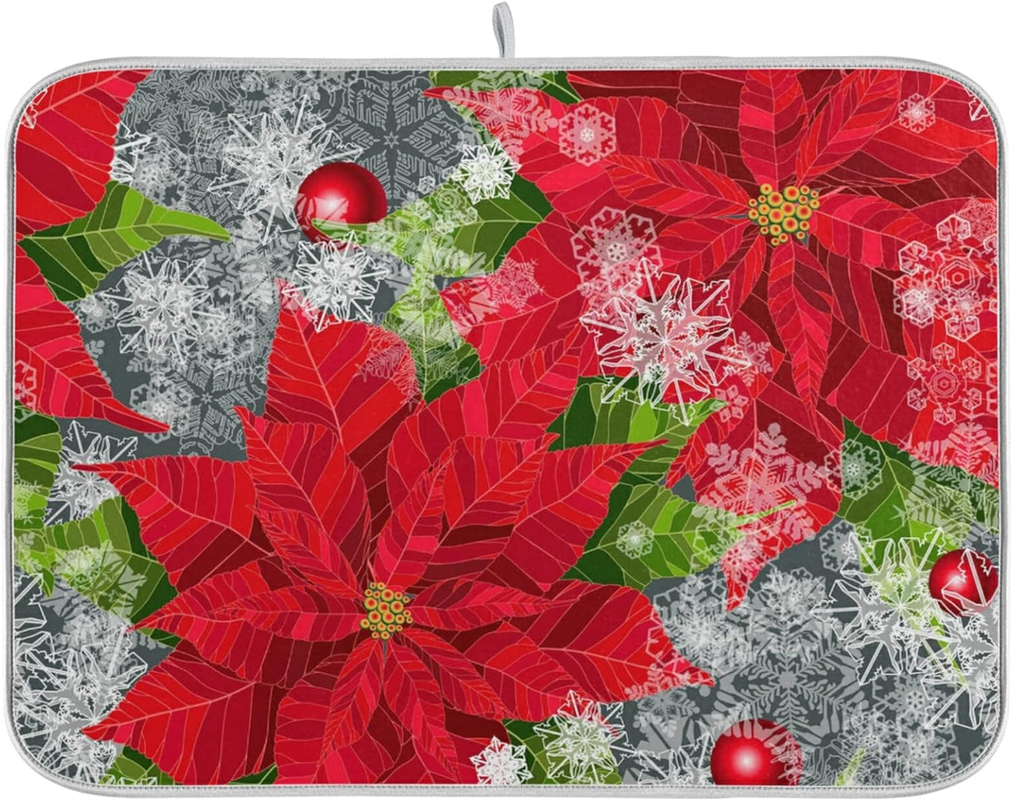 Happy Holidays Poinsettias Flower Christmas Microfiber Dish Drying Mat 18'' x 24'' for Kitchen Counter Drying Pad Dish Drainer Mats Absorbent Dish Draining Mat Extra Large