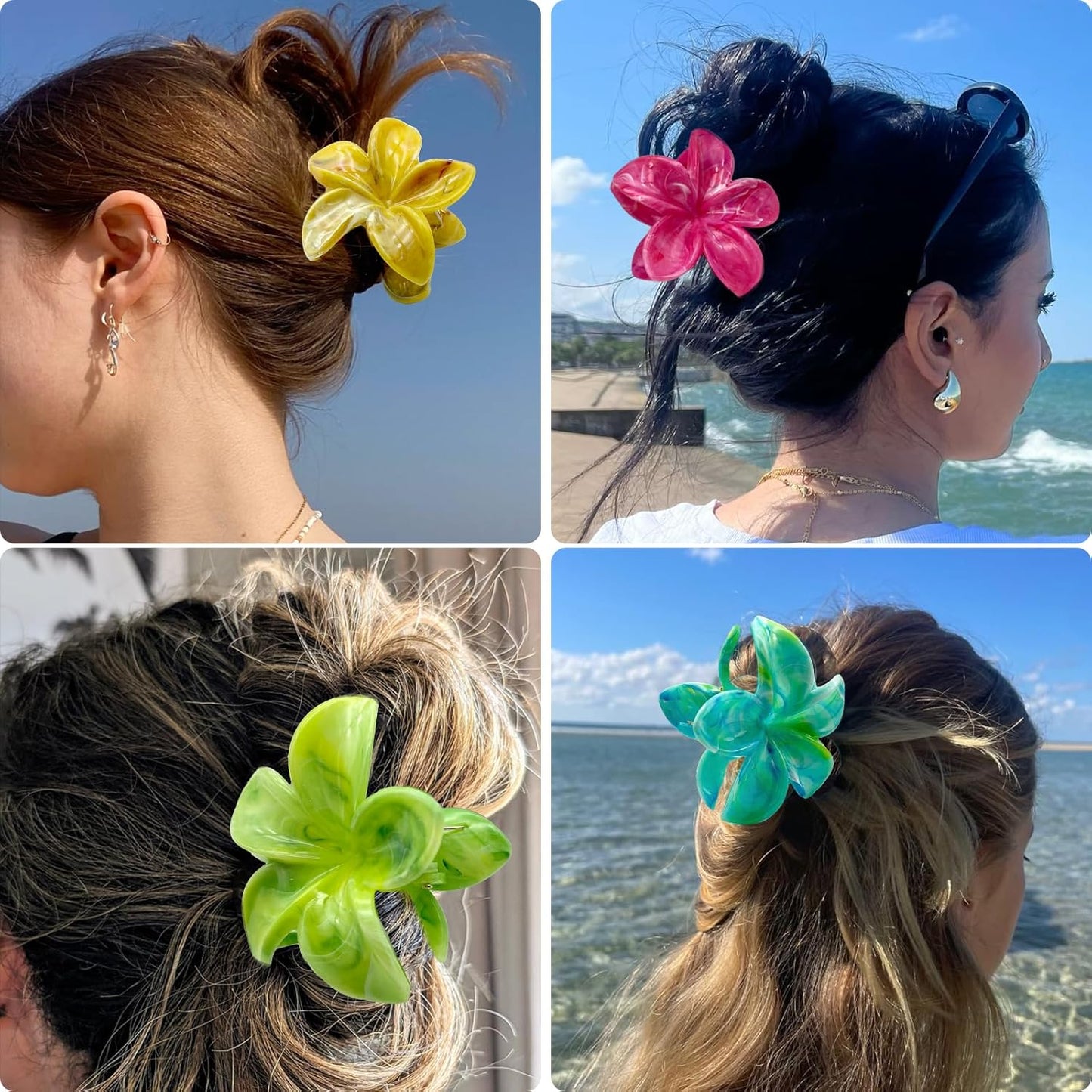 Flower Hair Claw Clips for Women, 8 Pack Hawaiian Flower Hair Clips, Plumeria Claw Clips for Thick Thin Hair, Large Strong Hold Nonslip Hawai Hair Accessories for Women Girls Gifts(Marbling-8 Colors)
