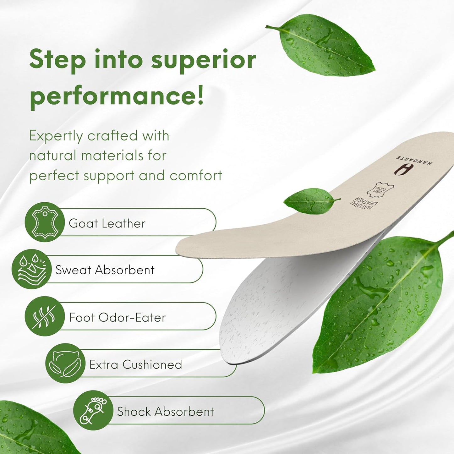 HANDARTE Leather Orthopedic Insoles | Padded Comfort Shoe Inserts for Women | 100% Natural Goatskin - ChromeFree, Anti Sweat & Anti-Odor - Suitable for No-Socks (US W8 | EU39)